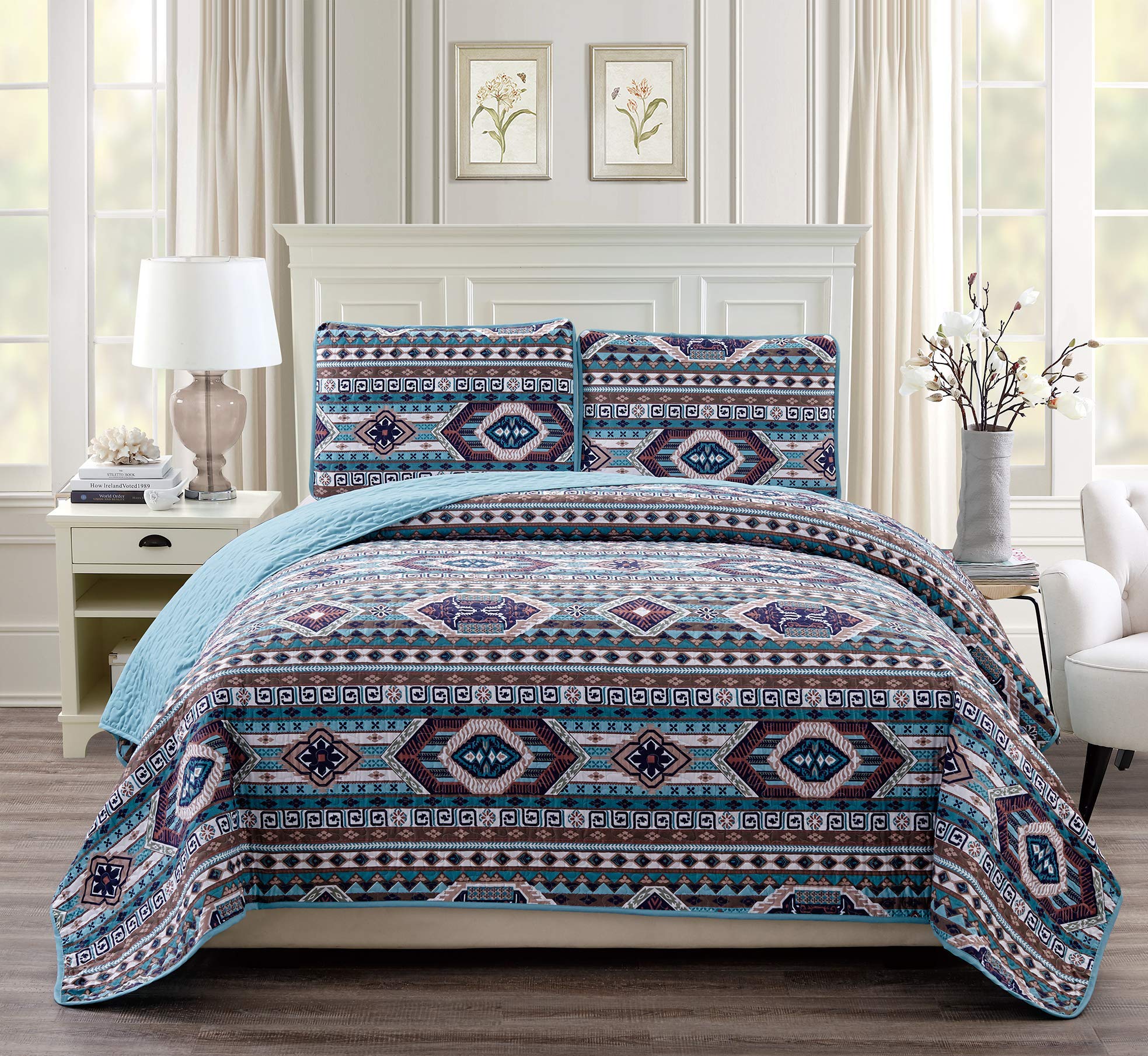 Southwestern Native American Quilt Set - Rustic Western Style Bedspread in Beige, Taupe, Brown, Turquoise & Navy Blue | King/Cal-King Size | Perfect for Southwestern Decor, Guest Rooms & Cozy Bedroom Makeovers