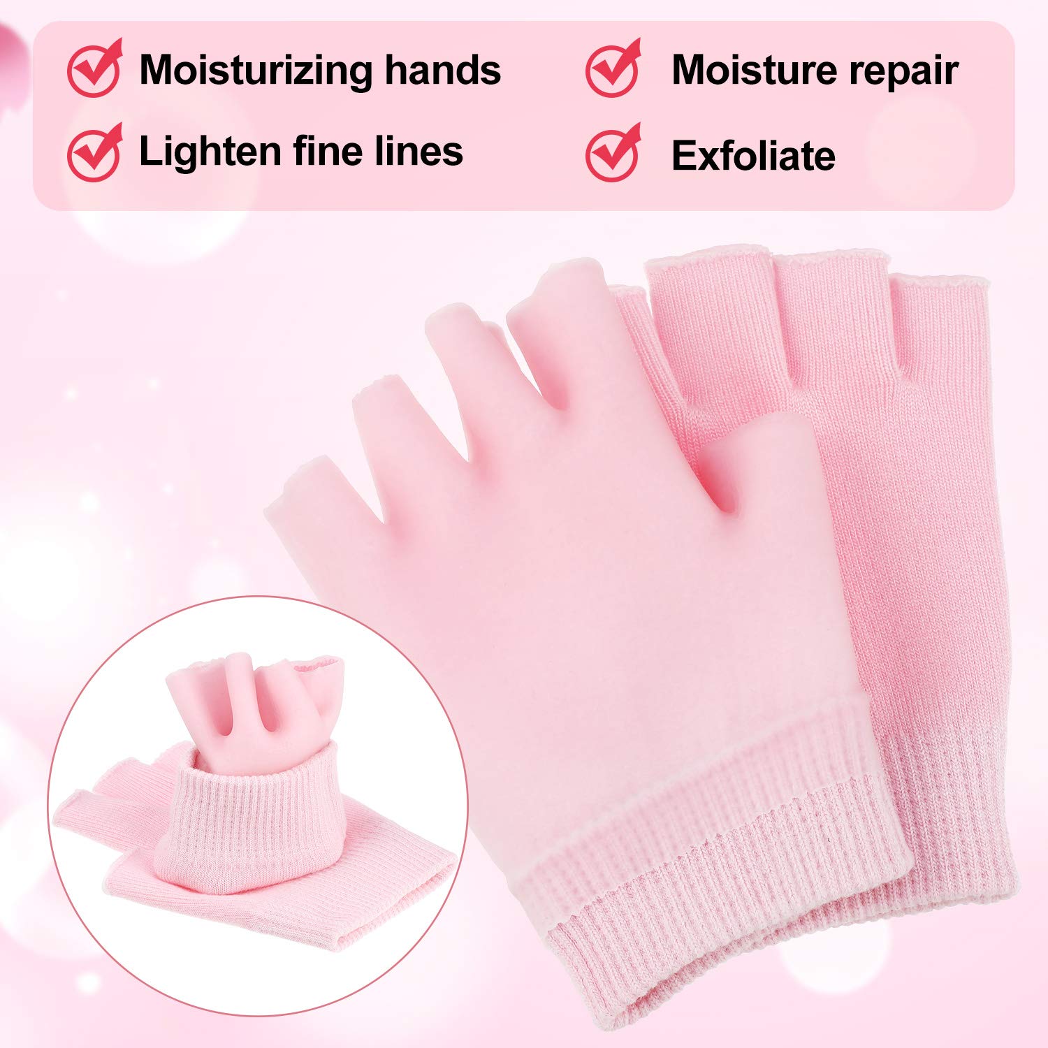 2 Pairs Fingerless Moisturizing Gloves for Dry Rough & Cracked Hands - Soft Hand Care Gloves for Overnight Treatment, Spa & Home Use (Pink)