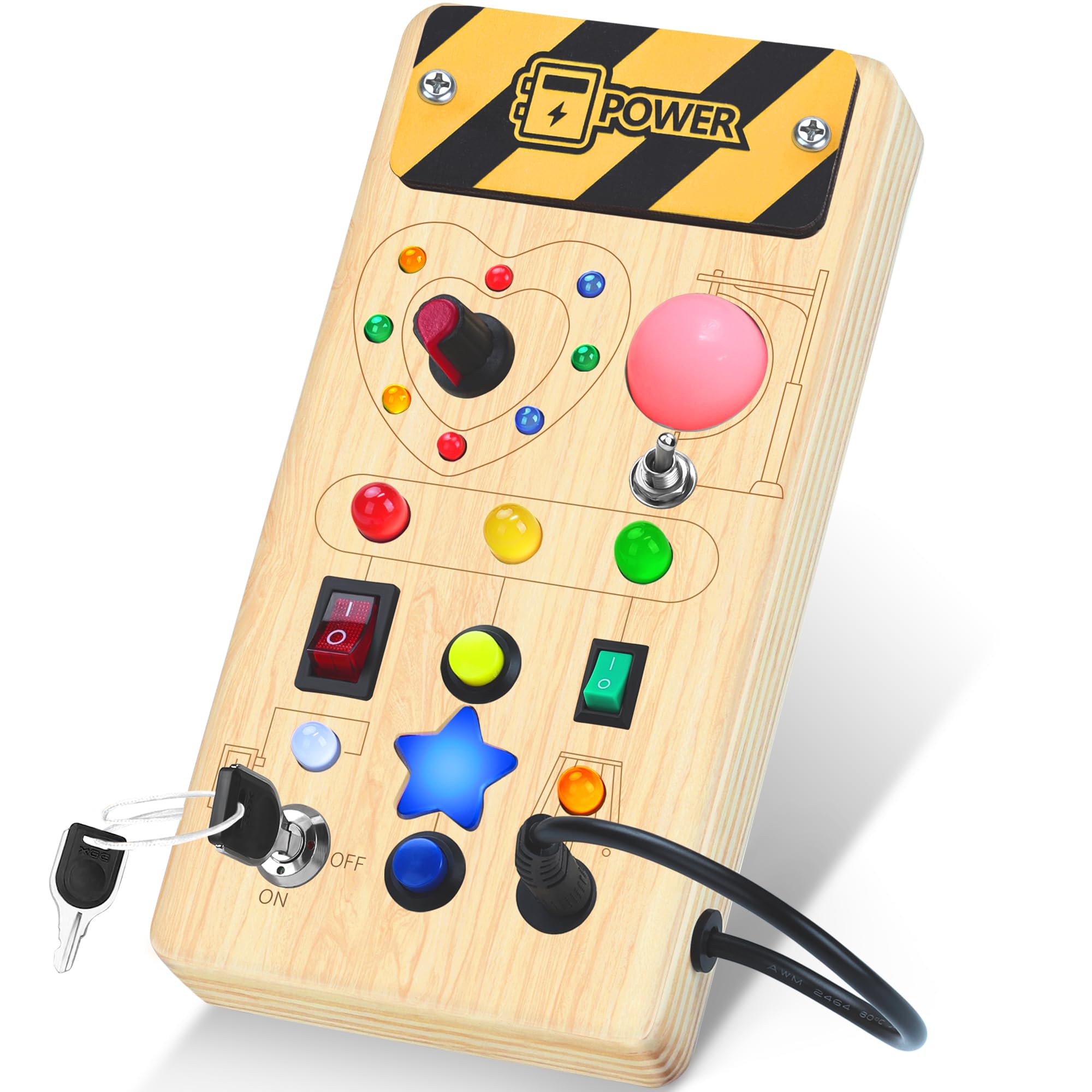 Montessori Wooden Busy Board for Toddlers - 8 Switches & 15 LED Sensory Light Switch Toy, Educational Travel Activity Board for 1+ Year Old Boys & Girls, Perfect for Home, Car, and Classroom Learning