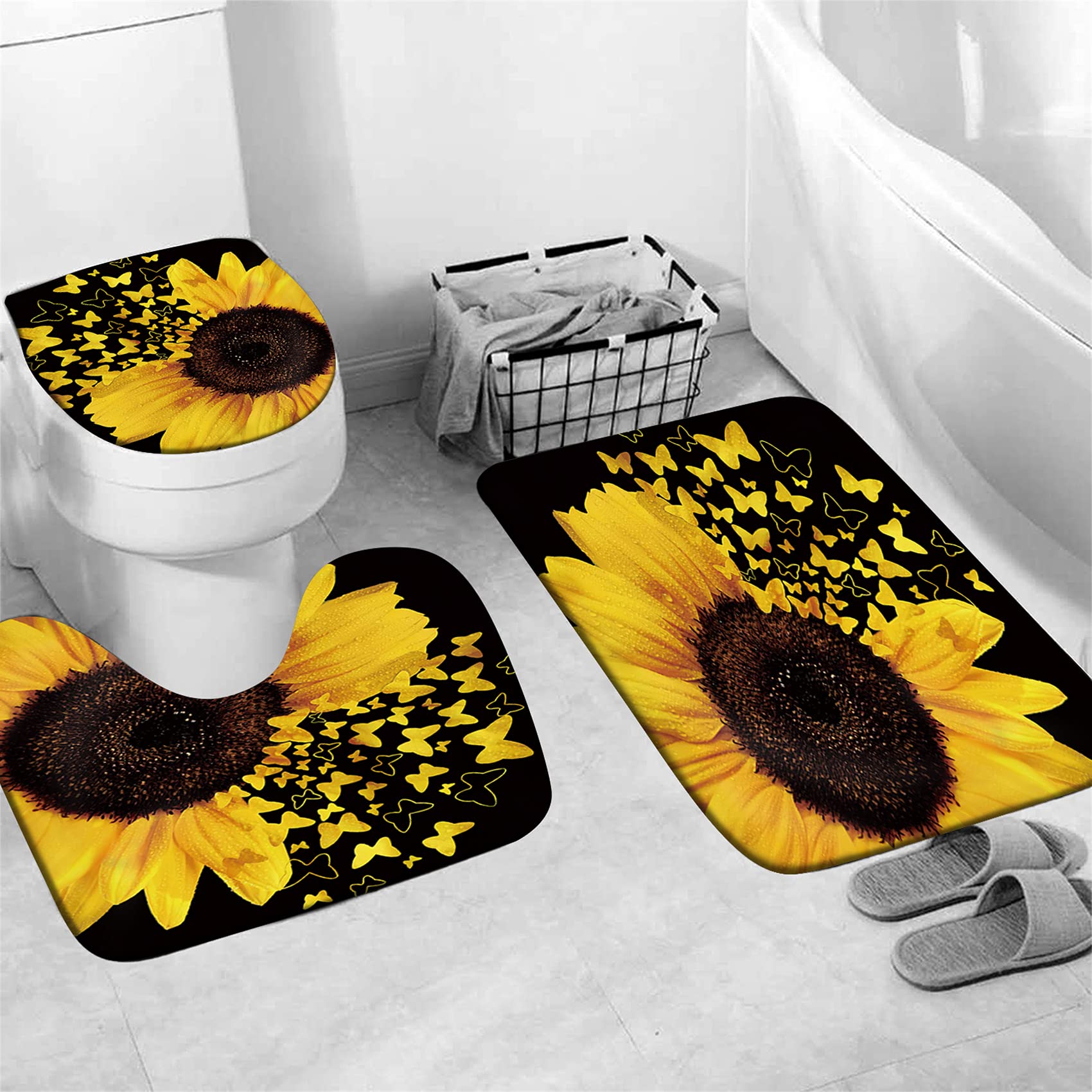 AZHM 4-Piece Butterfly Sunflower Shower Curtain Set with Non-Slip Bath Mat, Toilet Lid Cover & 12 Hooks - Waterproof Bathroom Decor for Home, Apartment, Dorm (Butterfly Floral Design)