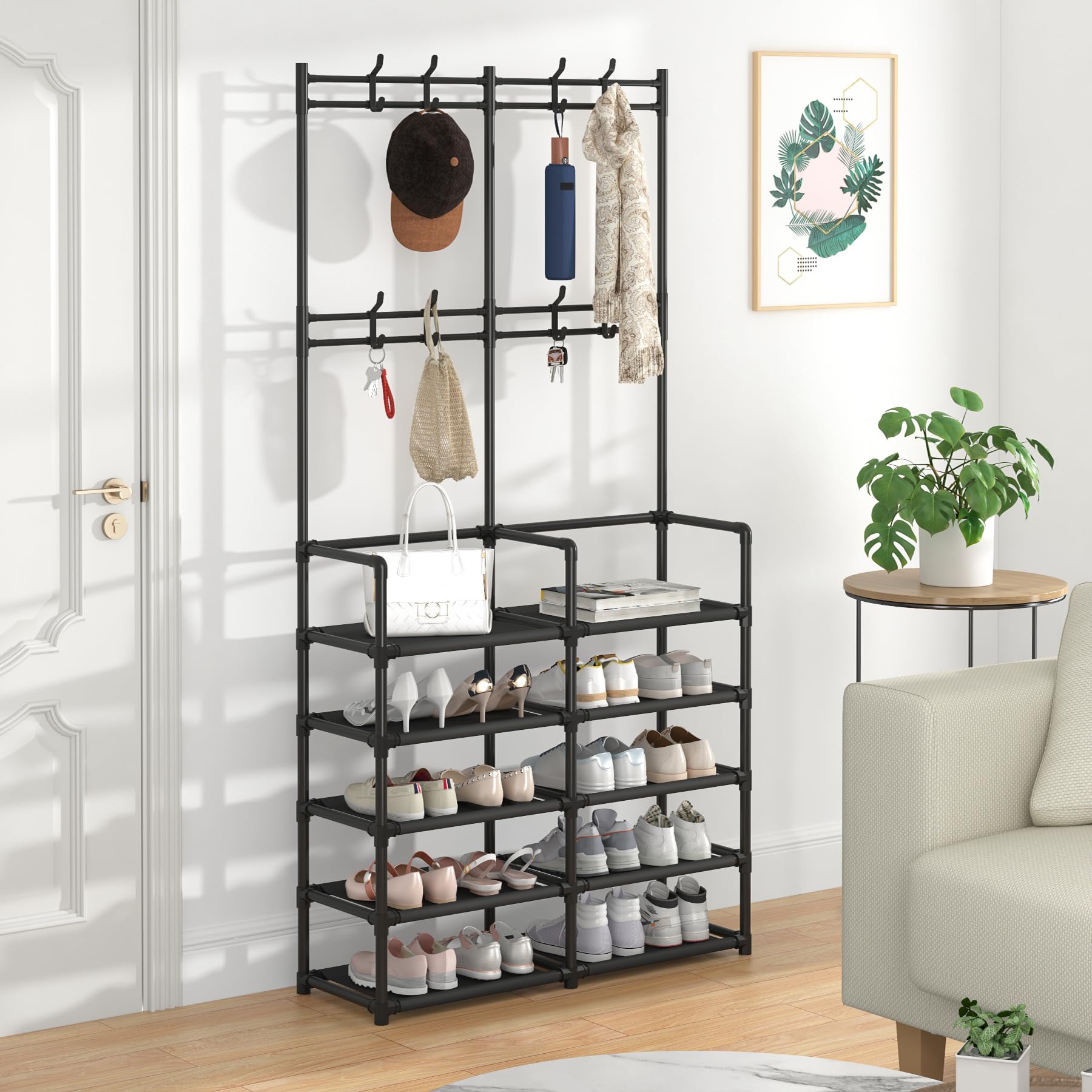 Laiensia 5-Tier Entryway Coat Rack with Shoe Storage & 8 Hooks - Space Saving Hallway Organizer Bench for Jackets, Bags, Shoes - Perfect for Bedroom, Office, Living Room & Small Apartment Entryway Organization
