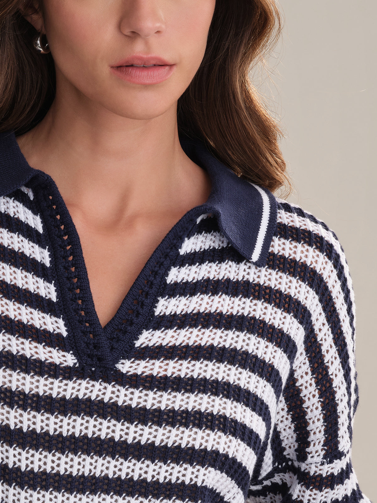 Kimberly Women's Stripe Open Stitch Polo Sweater - Casual Knit Top for Work, Office & Everyday Wear