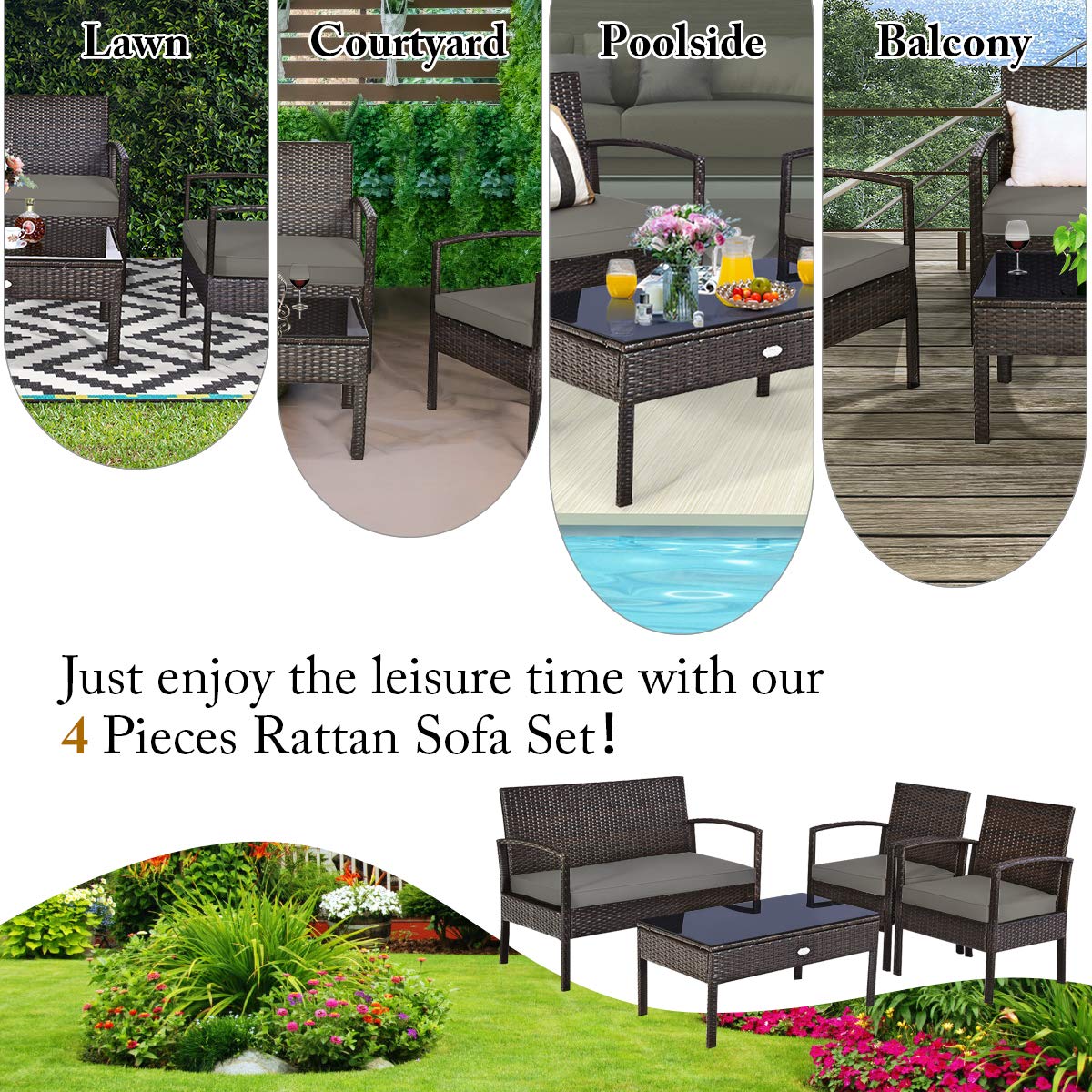 Tangkula 4-Piece Brown Wicker Patio Furniture Set - Outdoor Rattan Chairs & Coffee Table with Washable Cushions for Garden, Balcony, Courtyard | Perfect for Relaxing, Entertaining & Outdoor Dining