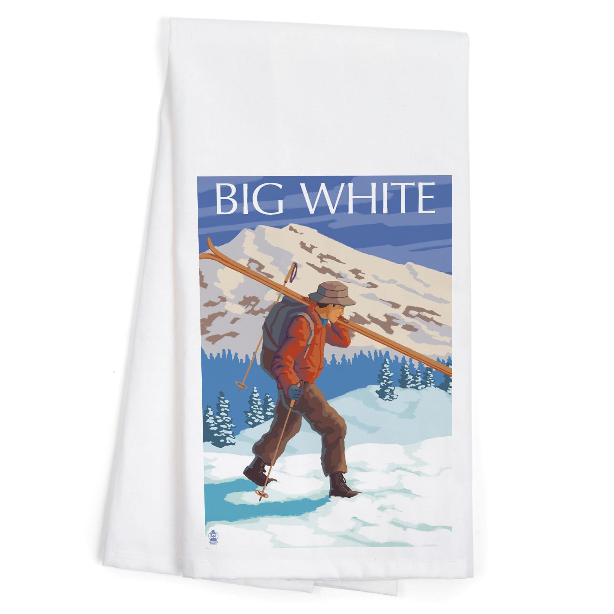 Lantern Press Big White Skier Carrying 100% Cotton Tea Towel - Decorative Hand Towel for Kitchen, Home Decor & Gift - Perfect for Drying Dishes, Decorating, and Hostess Gifts