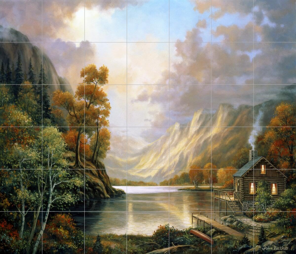 John Zaccheo Ceramic Backsplash Tile Mural - Woodland Landscape Forest Design for Kitchen, Bathroom & Living Room - Fall Serene Nature Theme | Perfect for Home Renovation, DIY Projects & Interior Decor