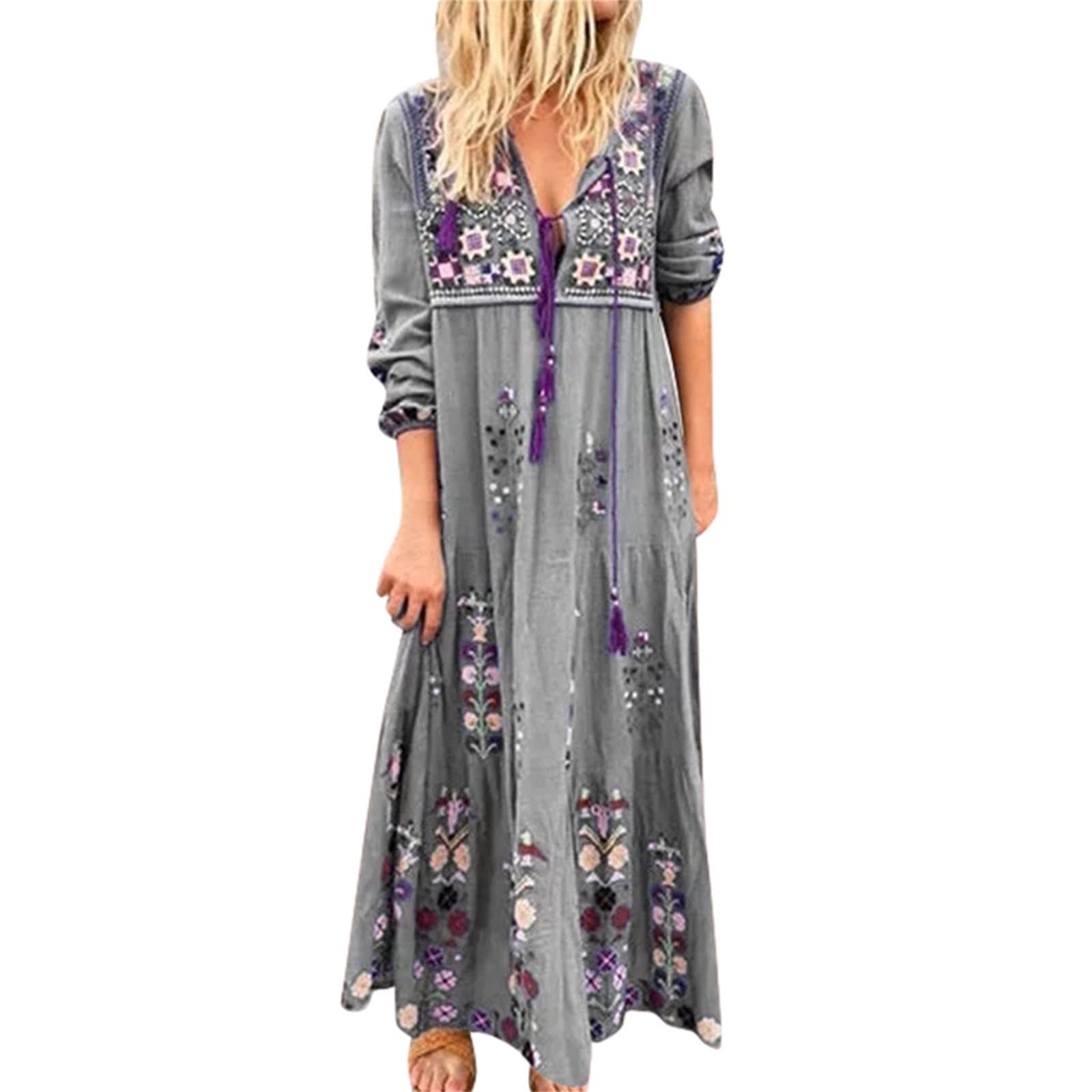 Euone Women's Plus Size Summer Boho Dress - Floral Print V-Neck Lace Up Long Sleeve Maxi Dress for Beach, Party & Casual Wear