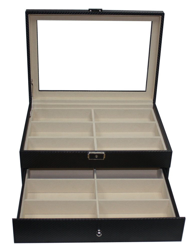 12-Piece Extra Large Black Carbon Fiber Eyeglass Display Case with Drawer - Personalized Eyewear Storage for Optical Shops & Home Organization