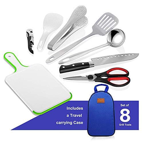 Portable Camp Kitchen Utensil Organizer Set - Stainless Steel BBQ & Camping Cookware Kit with Cutting Board, Tongs, Scissors, Knife, Ladle & Spatula - Perfect for Outdoor Cooking, Picnics & RV Travel