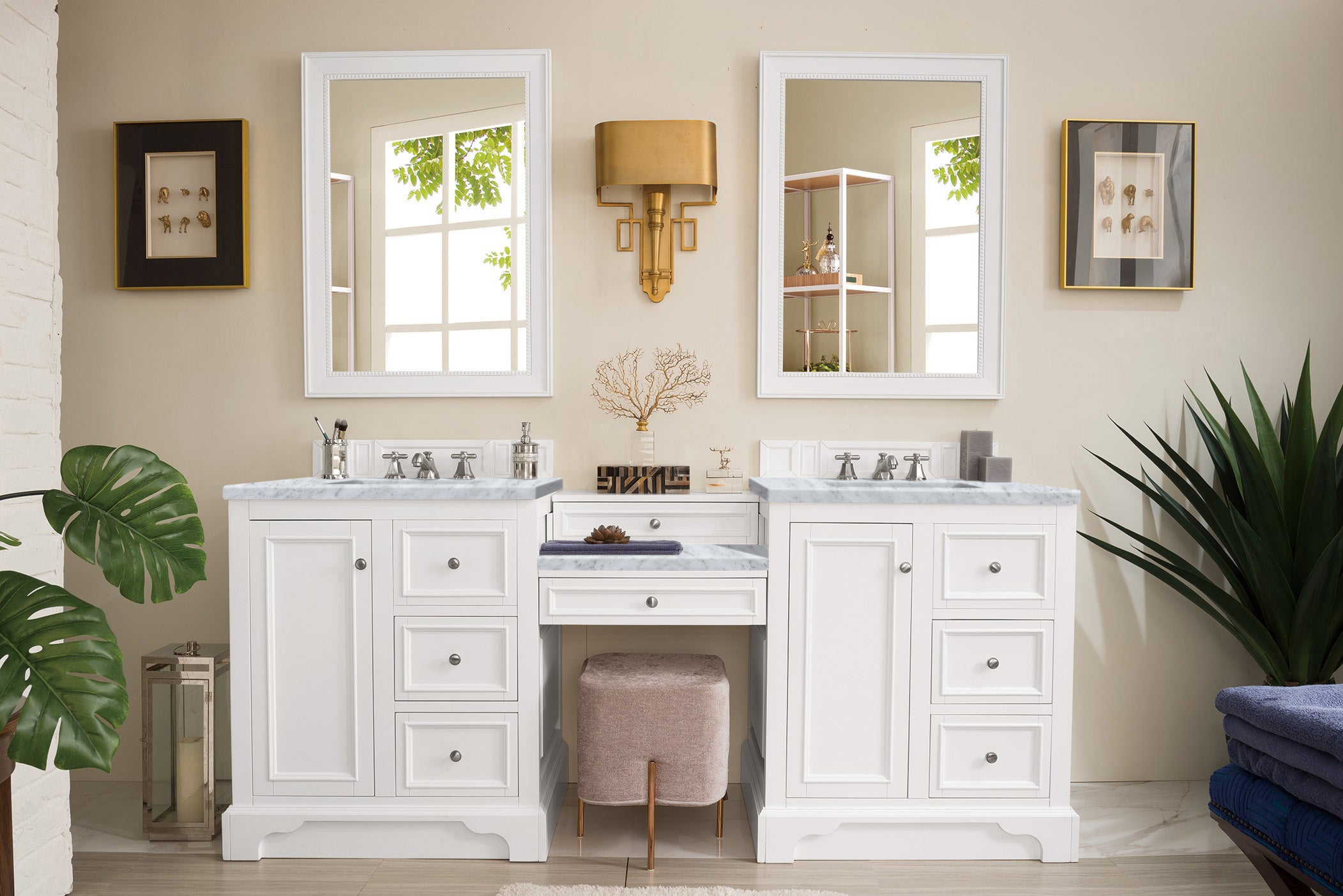 De Soto 82 Inch Double Vanity Set with Makeup Table - Bright White Finish & 3CM Carrara Marble Top for Bathroom or Bedroom Makeup Area