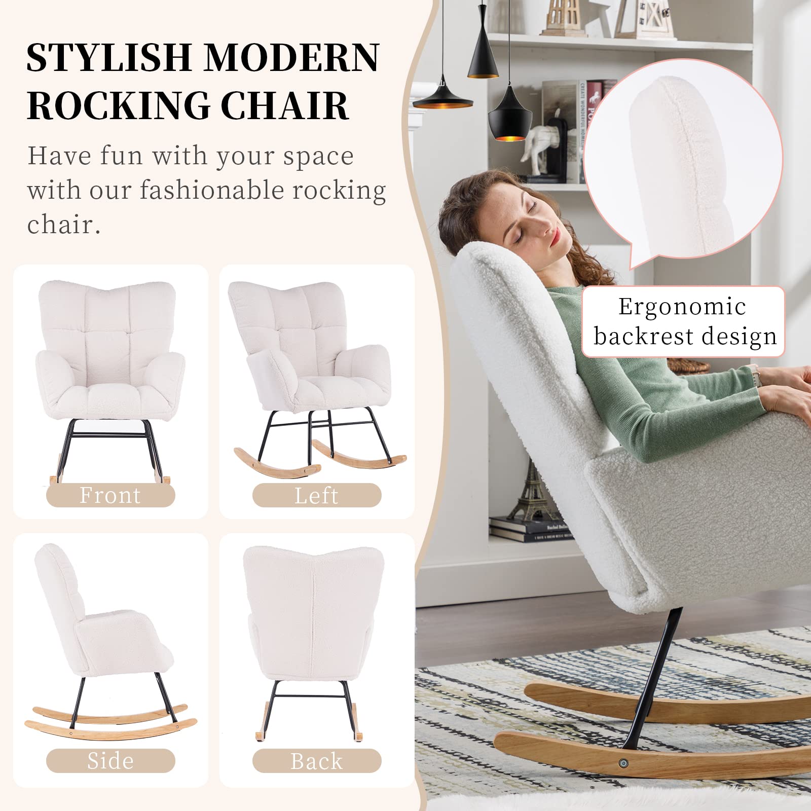 NIOIIKIT Teddy Upholstered Nursery Glider Rocking Chair - High Back Padded Seat Accent Armchair with Comfortable Cushions - Perfect for Nursery, Living Room, Bedroom & Office (Ivory Teddy) - Ideal for Breastfeeding, Relaxing & Reading