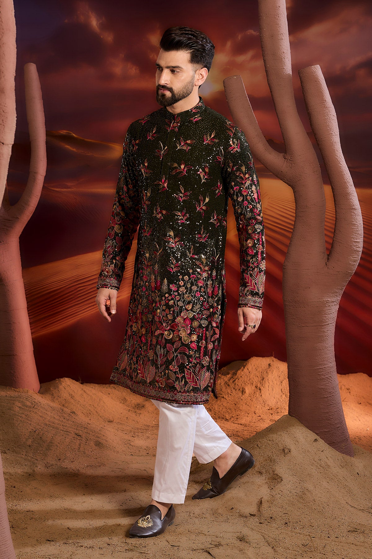 Exquisite Mehndi Green Sequined Kurta with Intricate Floral Embroidery - Elegant Indian Party Wear for Women's Festivals & Special Occasions