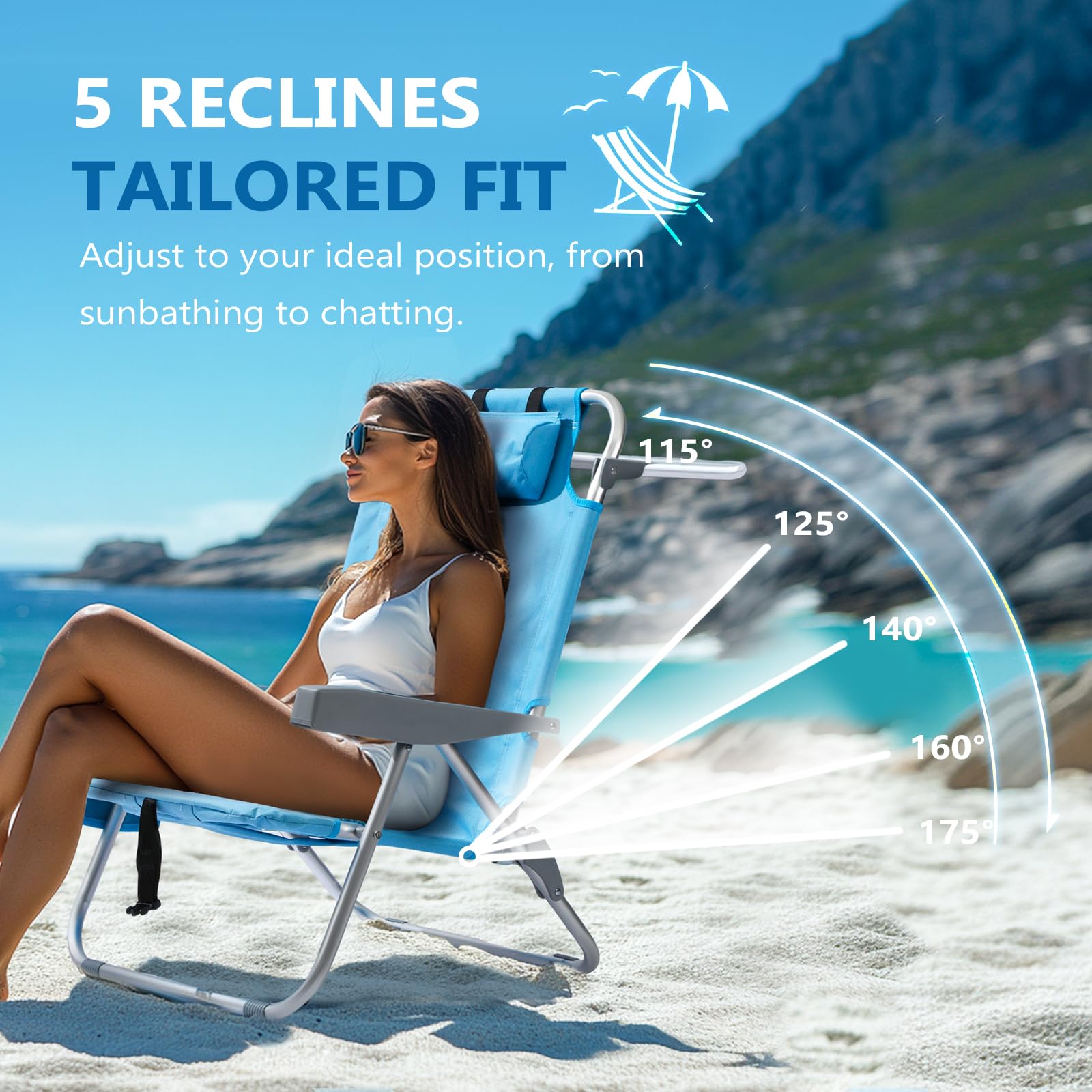 5-Position Adjustable Aluminum Beach Chair for Adults - Portable Backpack Design with Cooler Pouch, Storage Pocket, Towel Bar & Cup Holder - Perfect for Beach, Camping, Poolside & Outdoor Relaxation (Blue)
