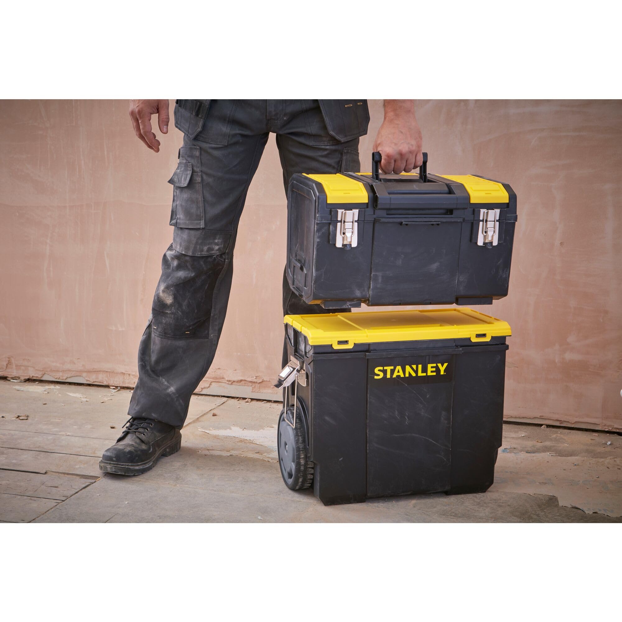 STANLEY 3-in-1 Rolling Tool Box with Detachable Tote Tray & Pull Handle - Heavy Duty Mobile Work Center Organizer for Tools, DIY Projects & Job Sites - Perfect for Construction, Home Improvement & Garage Storage