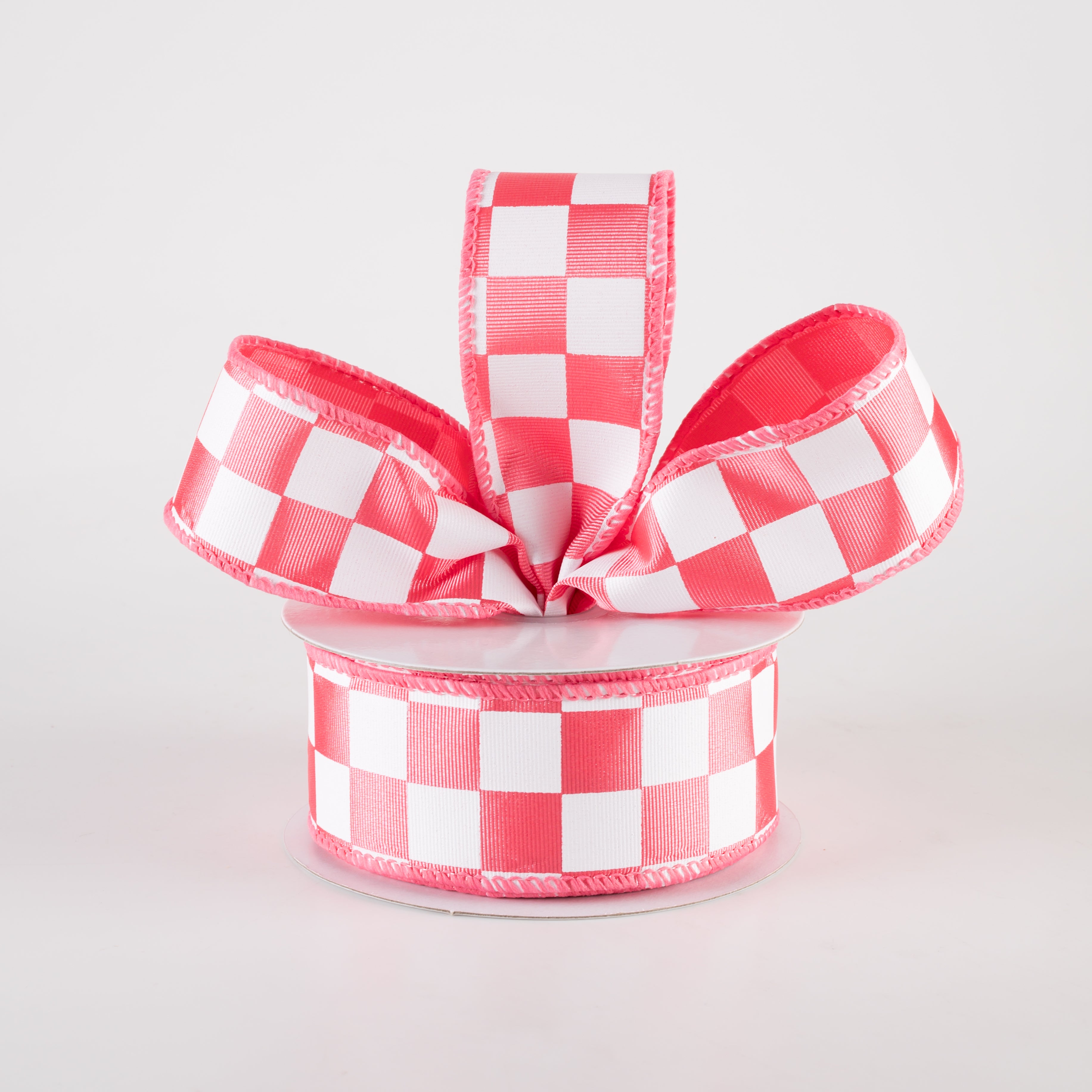 1.5 Inch Ribbed Satin Racing Checkered Ribbon - Coral and White (10 Yards) for Gift Wrapping, Crafts, and Party Decorations