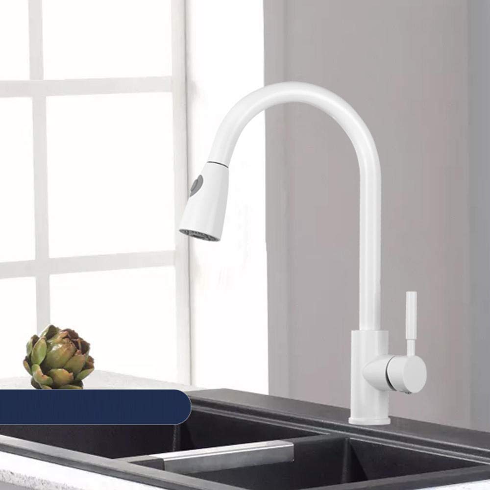 Premium All Copper Single Handle Pull Down Kitchen Faucet with 2 Spray Modes - White | Hot & Cold Water Rotary Sink Faucet for Modern Kitchens & Home Renovations
