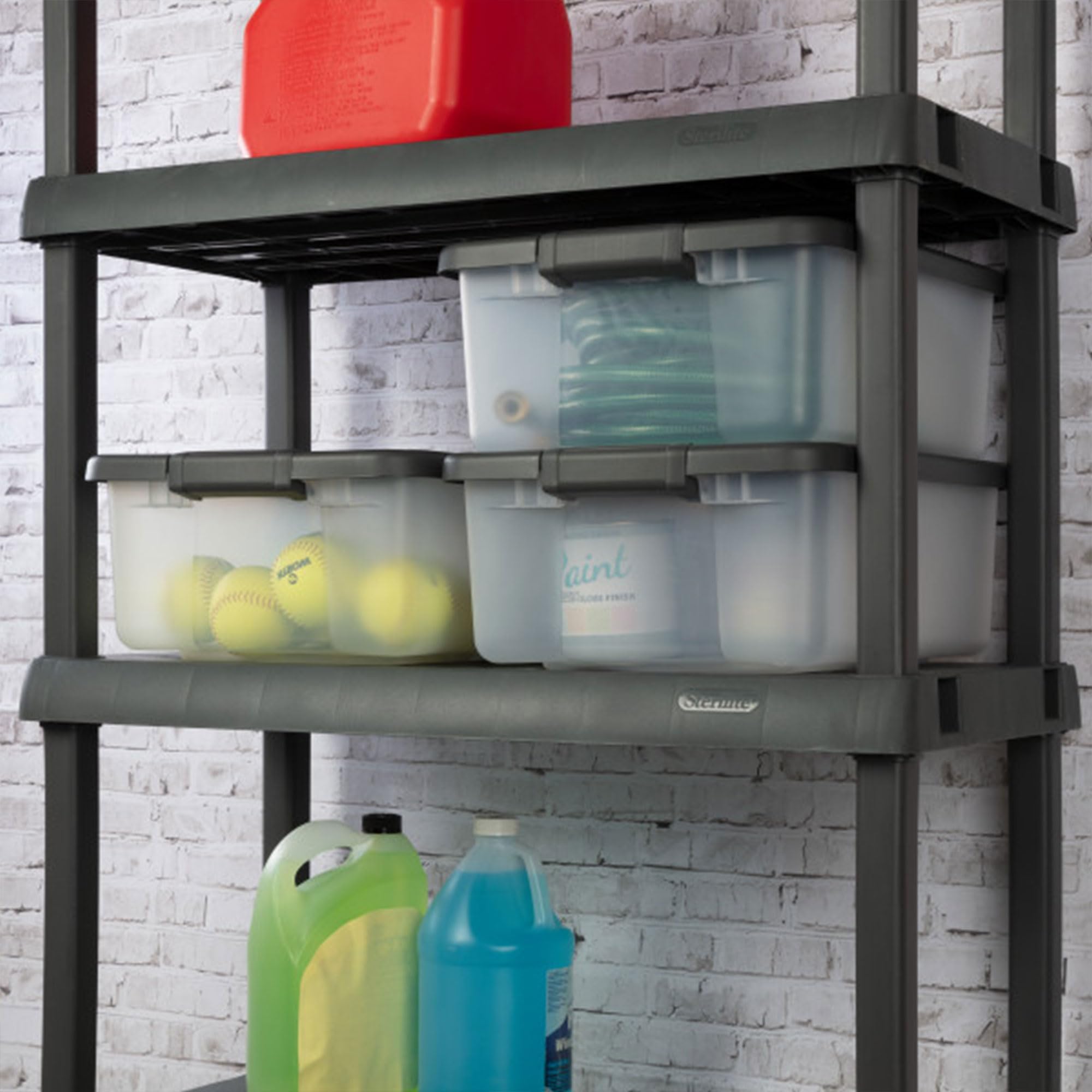 Sterilite 12-Pack 25 Qt Clear Plastic Storage Bins with Lids - Stackable Shelf Totes for Home Organization, Closet, Pantry & Office Supplies Storage - Durable Gray Containers