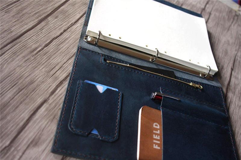 Distressed Blue Personalized Leather Portfolio with Zipper - Professional Document Organizer for Business Meetings & Office Use
