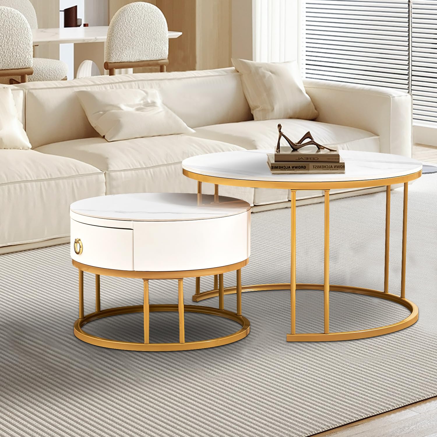 YOOBECH 2-Piece Round Nesting Coffee Table Set - Modern Side & End Tables with Sintered Stone Top & Metal Frame, Hidden Storage Compartment - Perfect for Living Room, Apartment, Office & Small Spaces