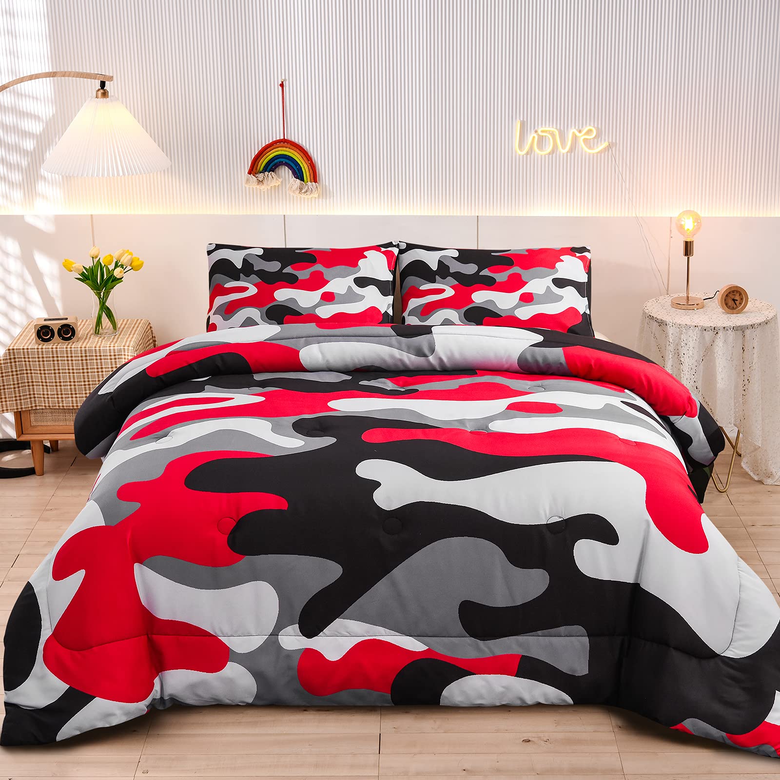 Camouflage Bedding Set 3-Piece Queen Comforter with 2 Pillowcases - All Season Soft Bedspread for Kids, Teens & Adults - Stylish Black Twin Size for Bedroom, Dorm Room or Guest Room Decor