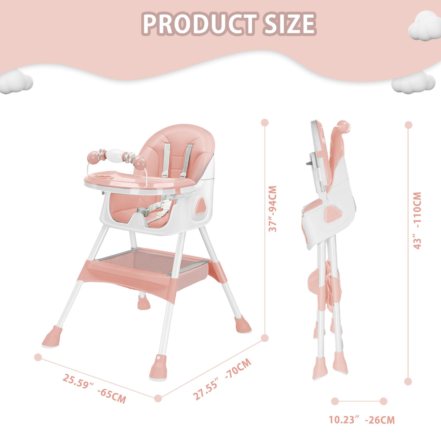 UBRAVOO 3-in-1 Foldable Baby High Chair - Convertible Portable Dining Chair with 5-Point Safety Harness, Double-Layer Tray & Toy Rack for Infants & Toddlers (Pink) - Perfect for Home, Restaurant & Travel Use