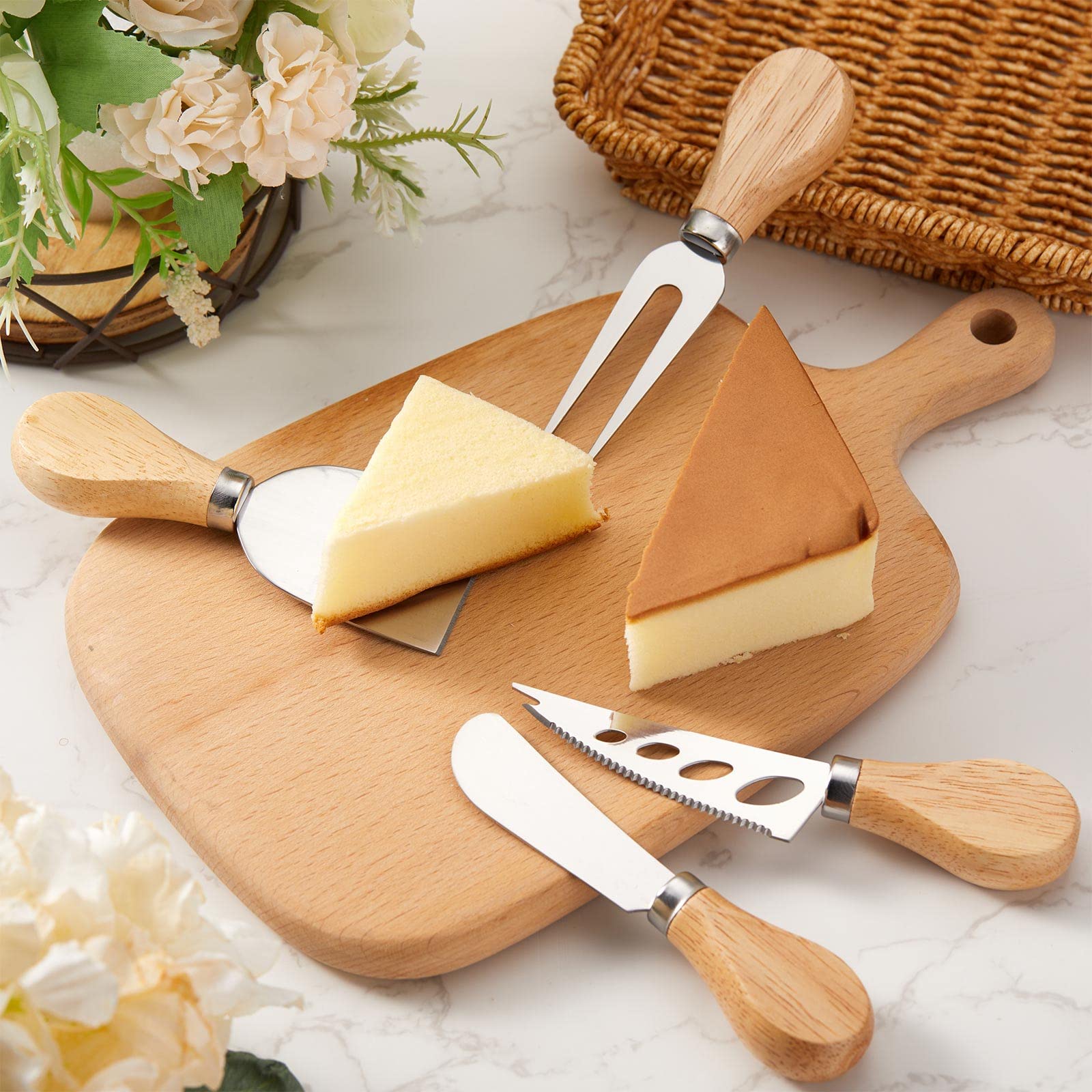 Premium 6-Piece Stainless Steel Cheese Knife Set with Oak Handle - Cheese Slicer, Fork & Shovel for Entertaining - Perfect for Family Gatherings, Parties, Halloween & Christmas Celebrations | Elegant Cheese Cutting Tools for Charcuterie Boards & Wine Pairings