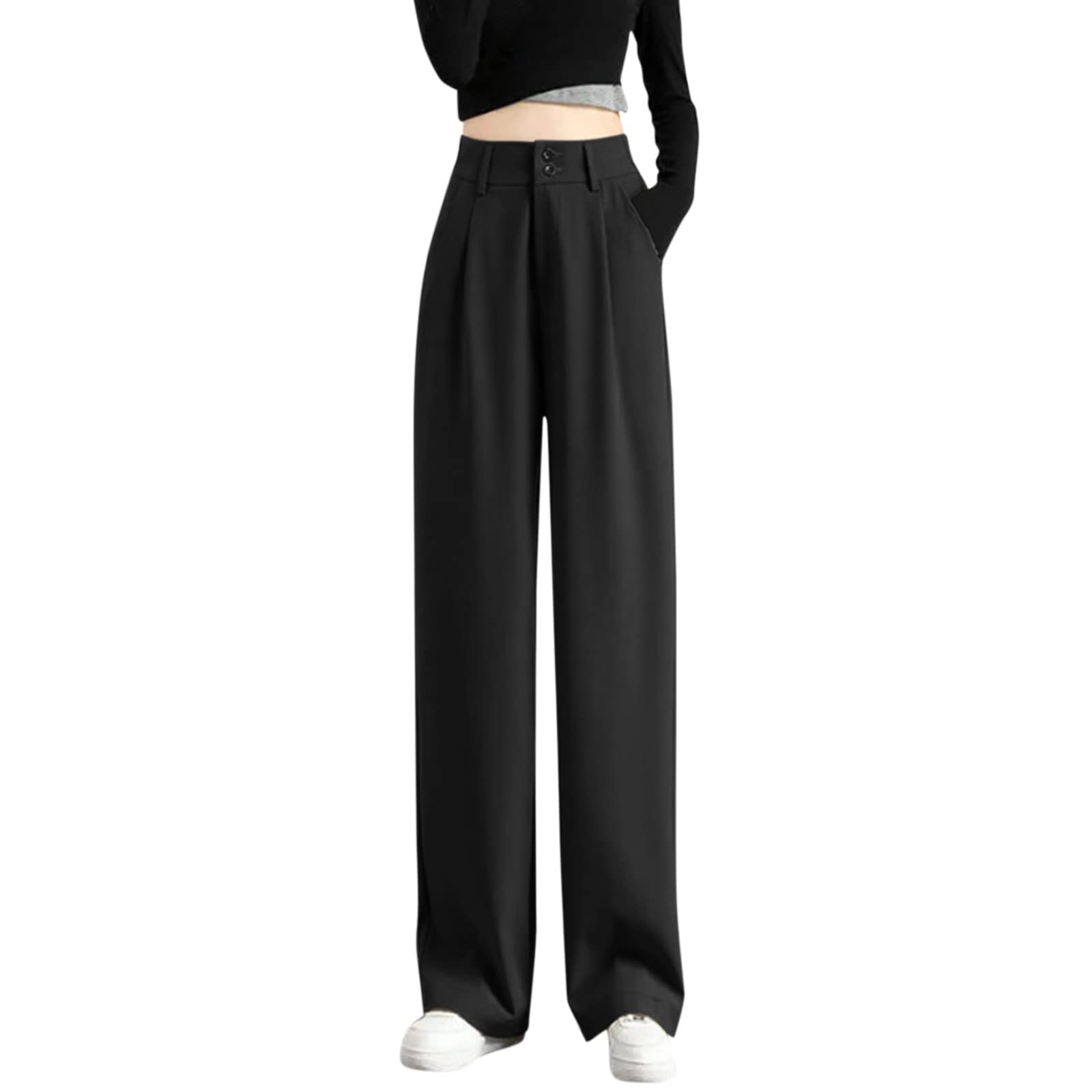 XINSHIDE Women's Black Stretch High Waist Work Pants - Solid Straight Leg Office Trousers with Zipper & Pockets | Professional Business Attire for Office, Interview & Formal Occasions