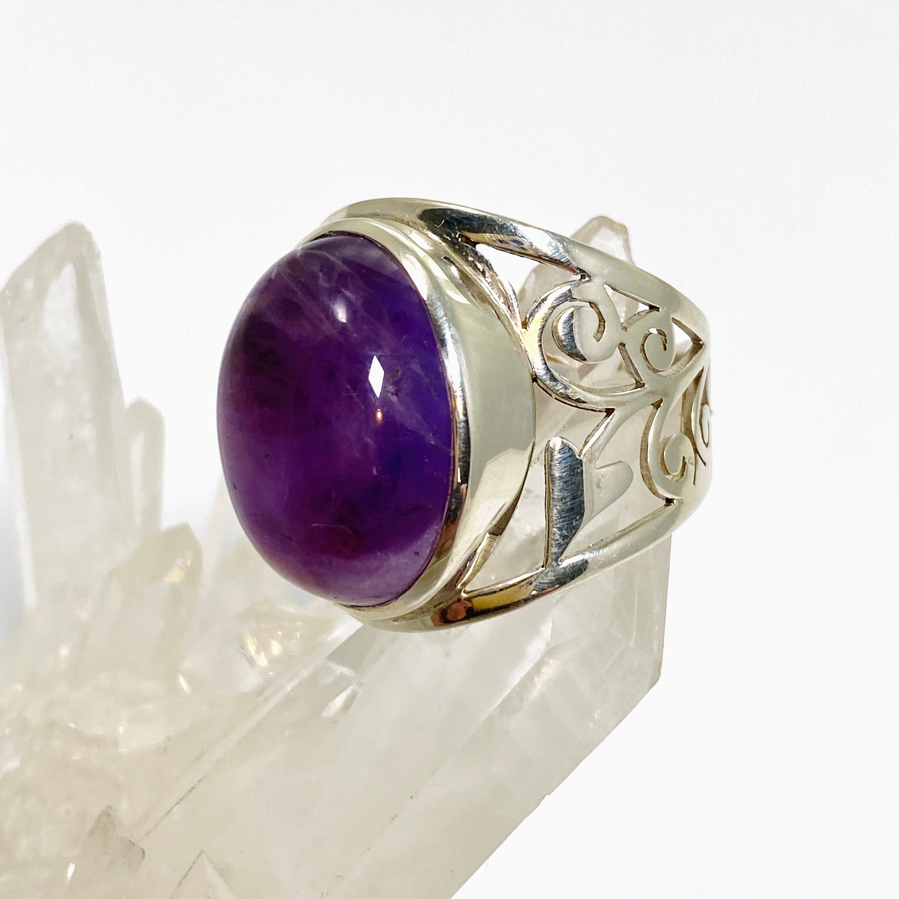 Amethyst Oval Cabochon Ring - Wide Band Filigree Setting in Sterling Silver (PRGJ837) | Elegant Jewelry for Women, Perfect for Weddings, Parties & Special Occasions