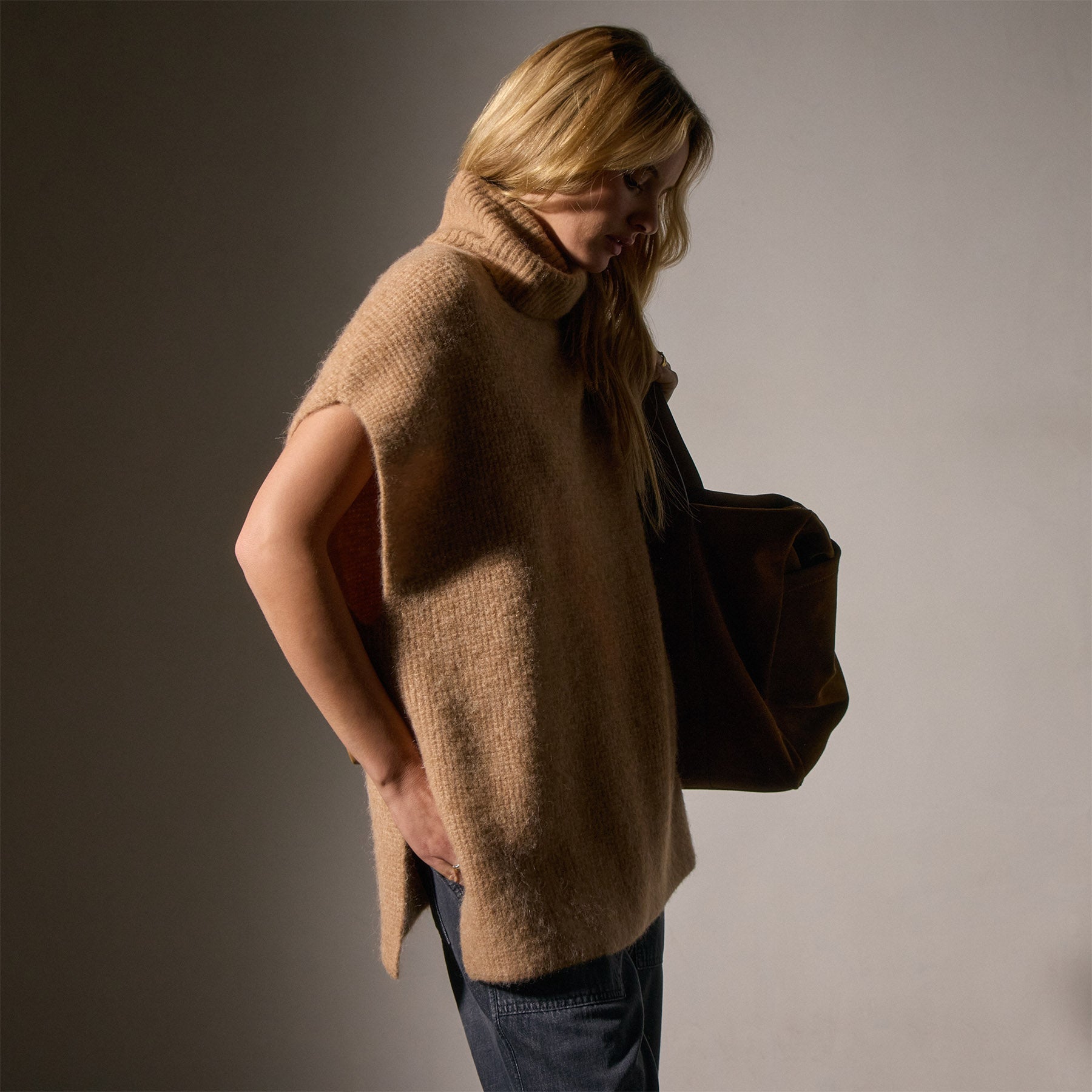 Waffle Knit Funnel Neck Tunic Sweater in Camel Color | Cozy Winter Pullover for Women | Perfect for Layering, Casual Outfits & Office Wear