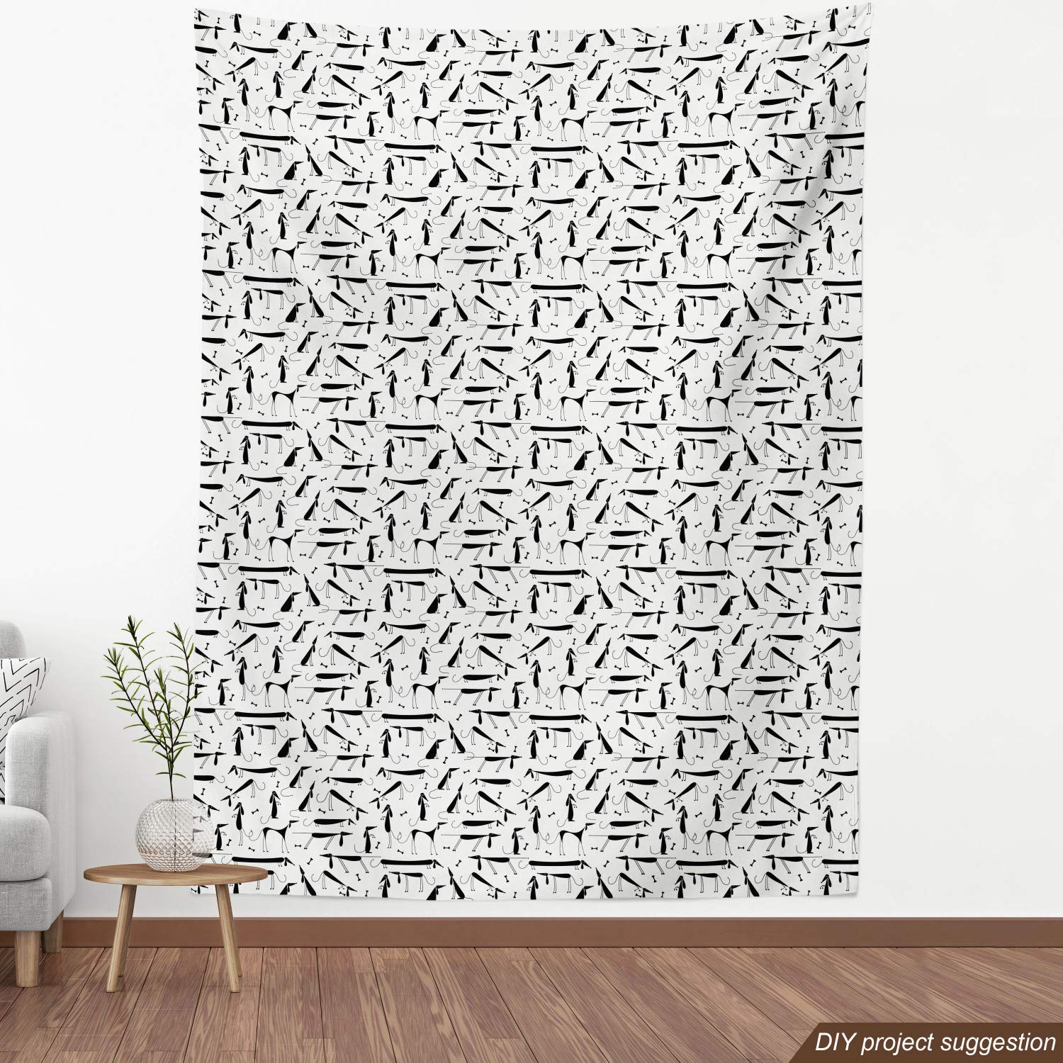 Ambesonne Dachshund Print Fabric by The Yard - Black & White Monochrome Dog Silhouette with Abstract Bone Pattern | 3 Yards Upholstery Material for Pet Lovers, Home Decor, DIY Projects & Crafting (Dog-Themed Curtains, Pillows, Quilts)