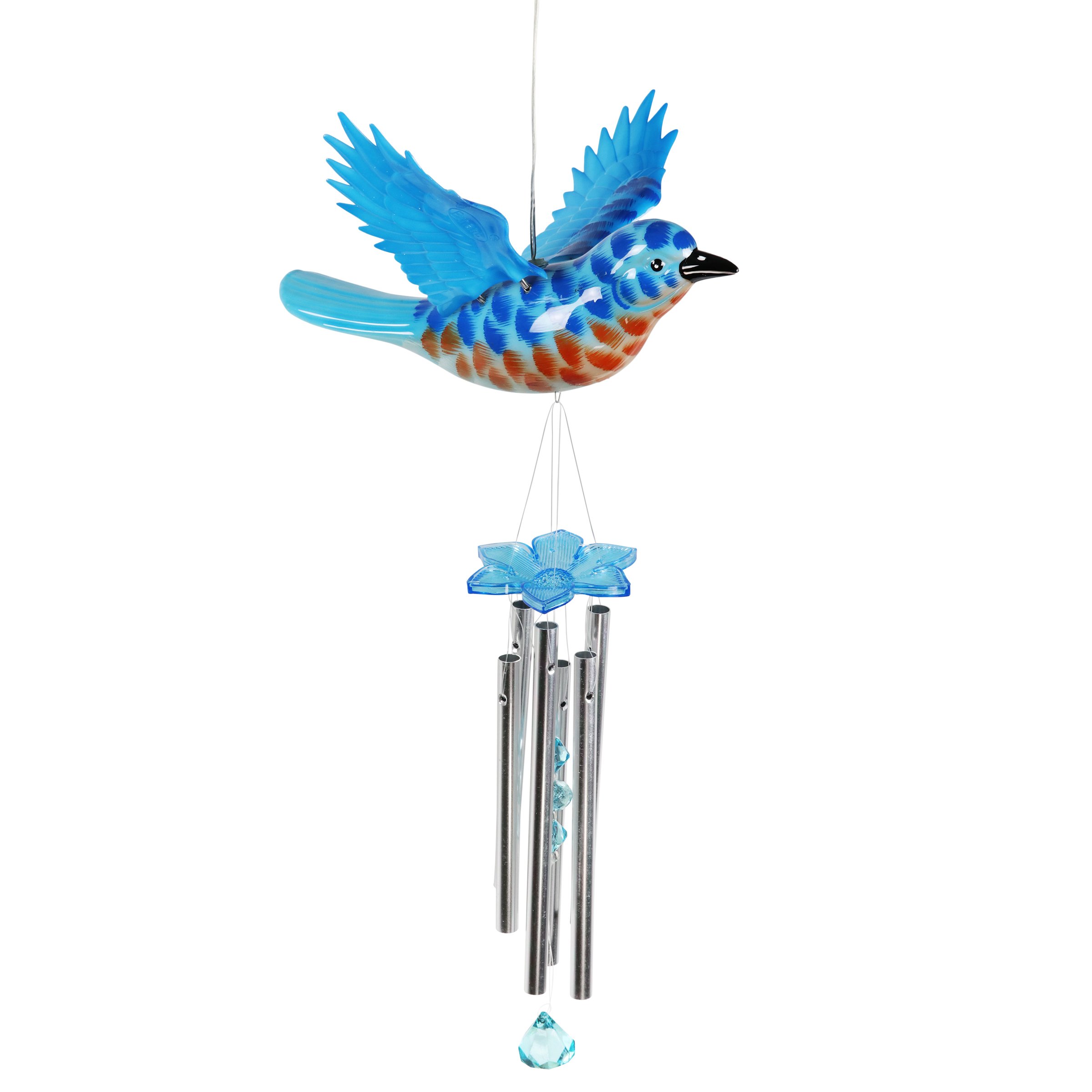 Solar-Powered Blue Bird Wind Chime with Fluttering Wings & 2 LED Lights - 12.5