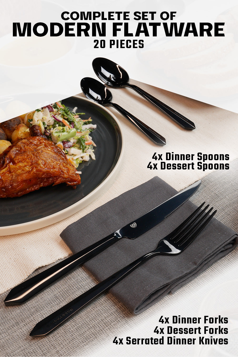 20-Piece Black Stainless Steel Flatware Cutlery Set - Service for 4 - Dishwasher Safe - Elegant Dinnerware for Home, Restaurant & Gifting - Dalstrong ©