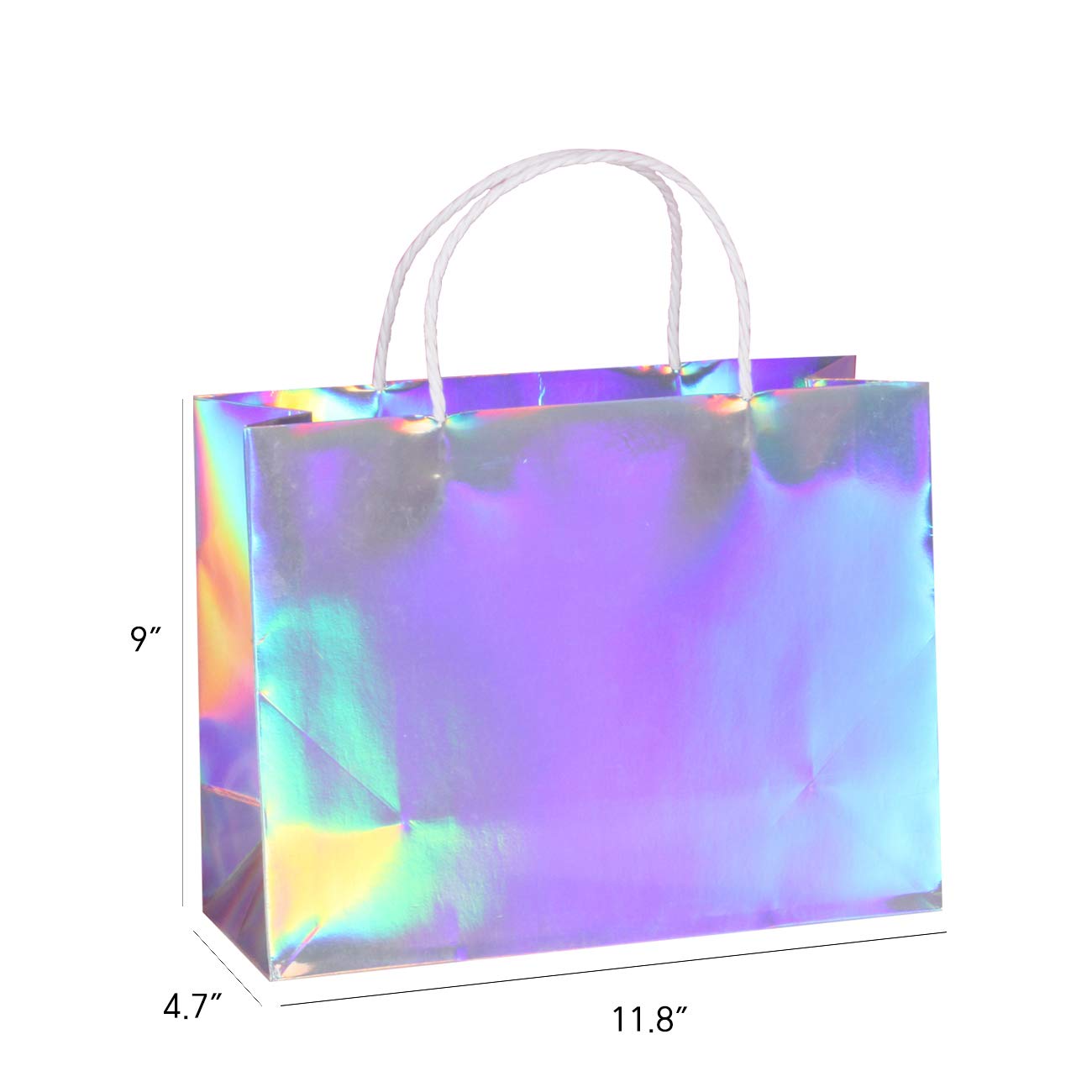 PAPERIST 6-Pack 11.8x4.7x9 Inch Medium Holographic Silver Gift Bags with Premium White Handles - Glossy Laminated Paper Bags for Birthday, Wedding & Party Favors