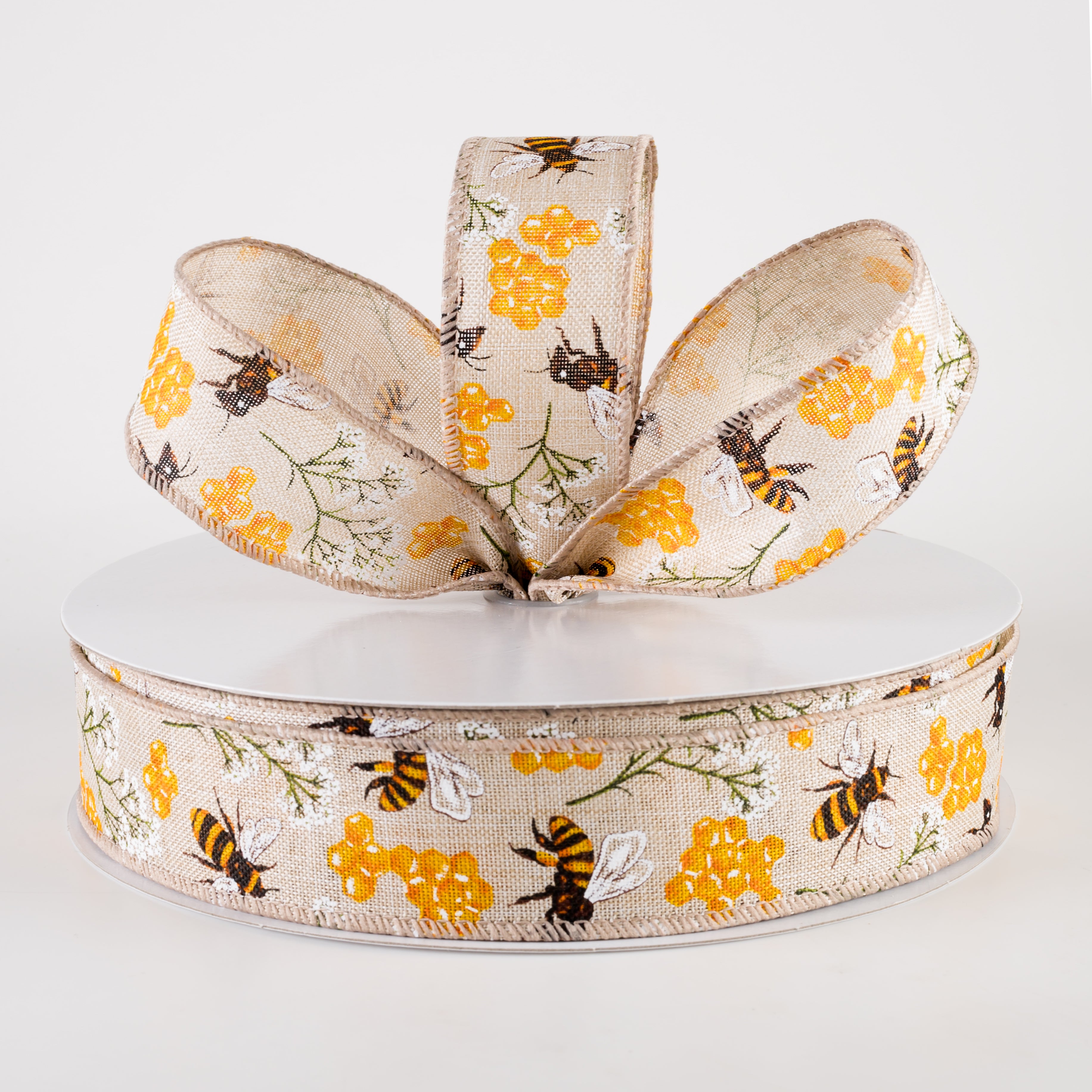 1.5 Inch Linen Bees, Honeycomb, Baby's Breath Ribbon - Natural Cotton Craft Ribbon (50 Yards) for Wedding Decor, Gift Wrapping, DIY Crafts and Scrapbooking