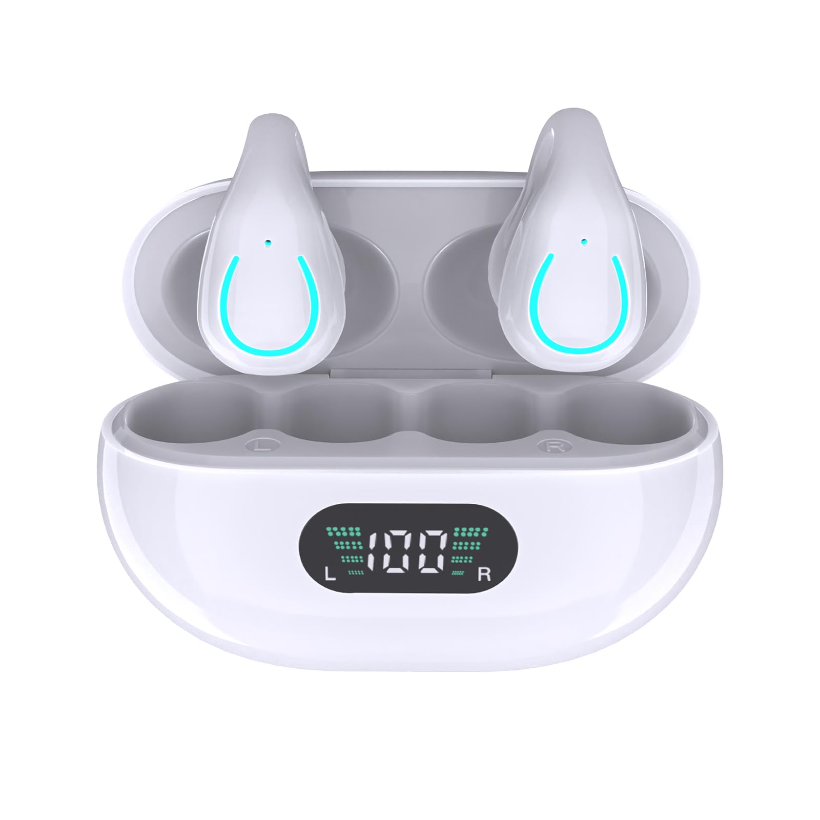 Wireless Bluetooth 5.3 Earbuds with Earhooks - Open Ear Bone Conduction Headphones, IPX5 Waterproof, Noise Canceling for Cycling, Running & Sports - Mini Ear Clip Design (White) | Perfect for Workouts, Commuting & Outdoor Activities