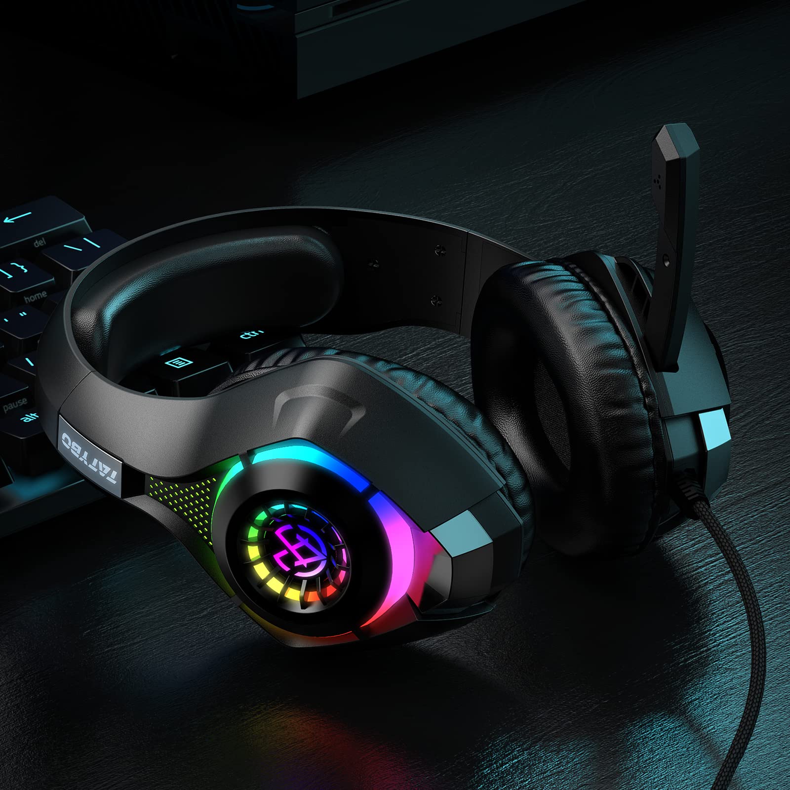 Tatybo Gaming Headset for PS4, PS5, PC, Xbox One & Mac - Stereo Bass Deep Headphones with Microphone, RGB Lights, Over-Ear Comfort - Perfect for Gaming, Streaming & Online Meetings (Black RGB)