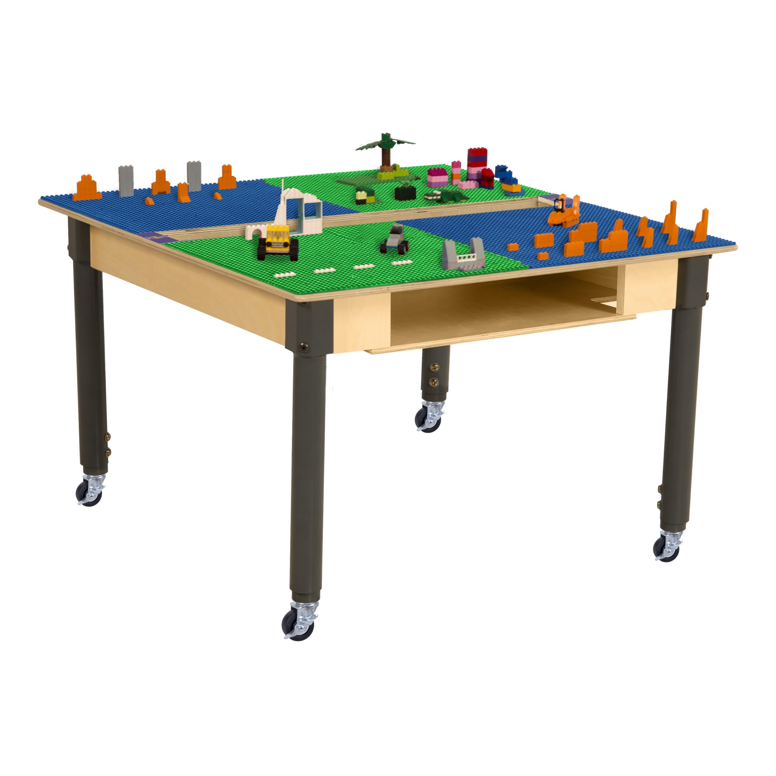 **Time-2-Play Large Montessori Play Table – 35” x 31” Birch Plywood Surface, Red & Blue, Lego-Compatible Building Blocks Table with Trough & Adjustable Legs (18”-29”) – Perfect for Kids' Playroom, Daycare, or Homeschool Learning**