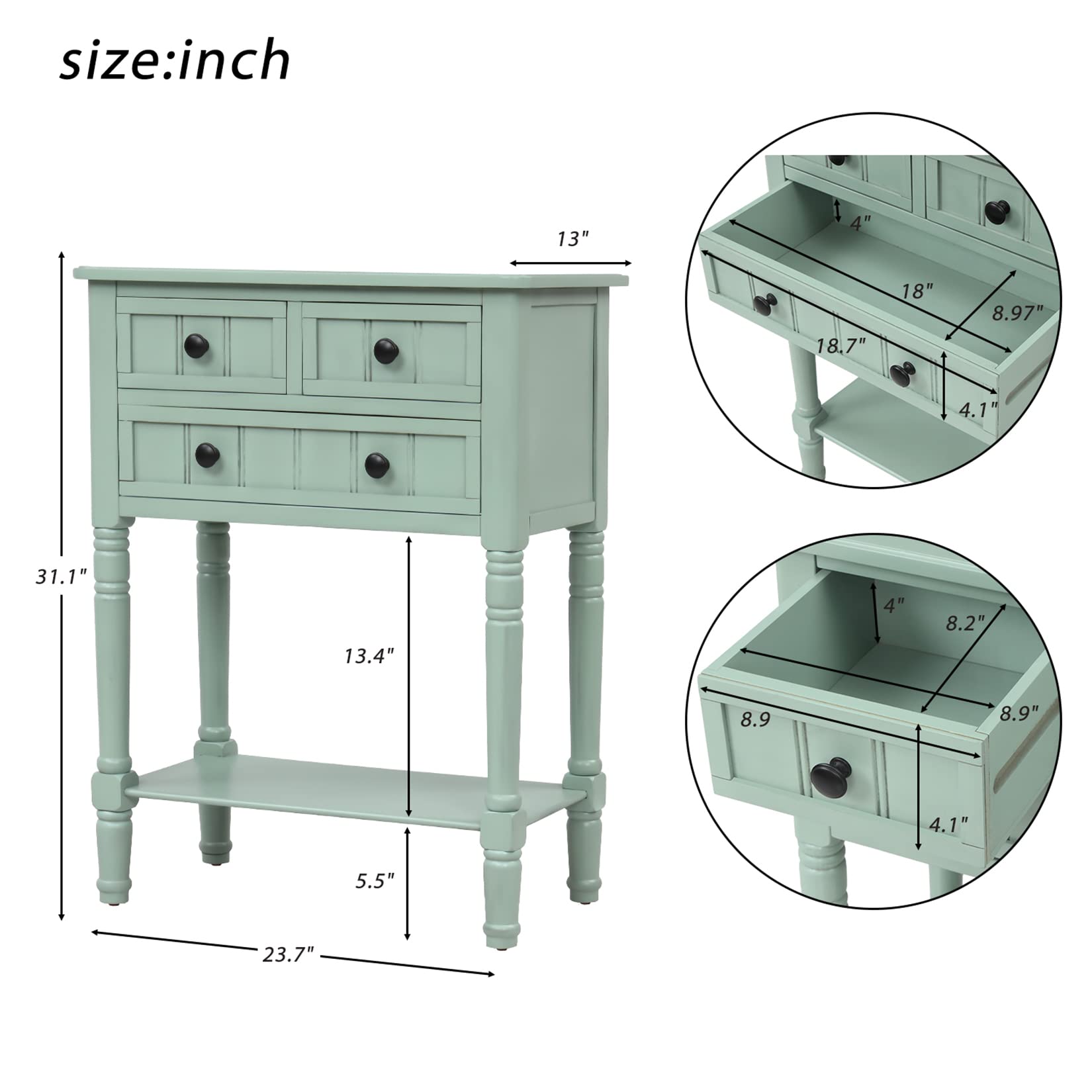 24 Inch Solid Wood Entryway Console Table with 3 Drawers & Bottom Shelf - Modern Sofa Table, Behind Couch Table, End Table for Living Room, Dining Room & Kitchen - Retro Green Home Decor for Small Spaces & Narrow Hallways