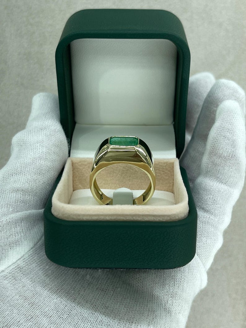 4.40ct Dark Green Emerald Men's Heavy Solitaire Bezel Class Ring in 14K Gold – Perfect for Graduation, Prom, and Special Occasions