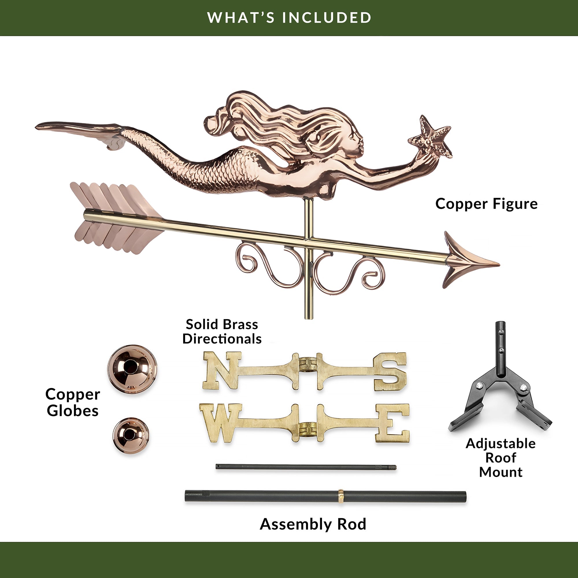 Little Mermaid Weathervane - Decorative Outdoor Copper Weather Vane for Garden, Roof, or Yard - Perfect for Beach House, Coastal Decor, and Disney Fans