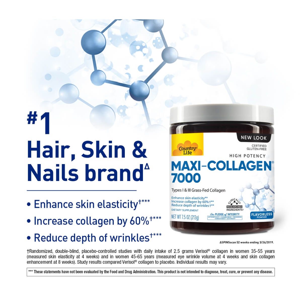 Country Life Maxi Collagen 7000 Powder - 7.5oz Hydrolyzed Collagen Peptides Supplement for Skin, Hair & Joint Support - Perfect for Smoothies, Coffee & Post-Workout Recovery