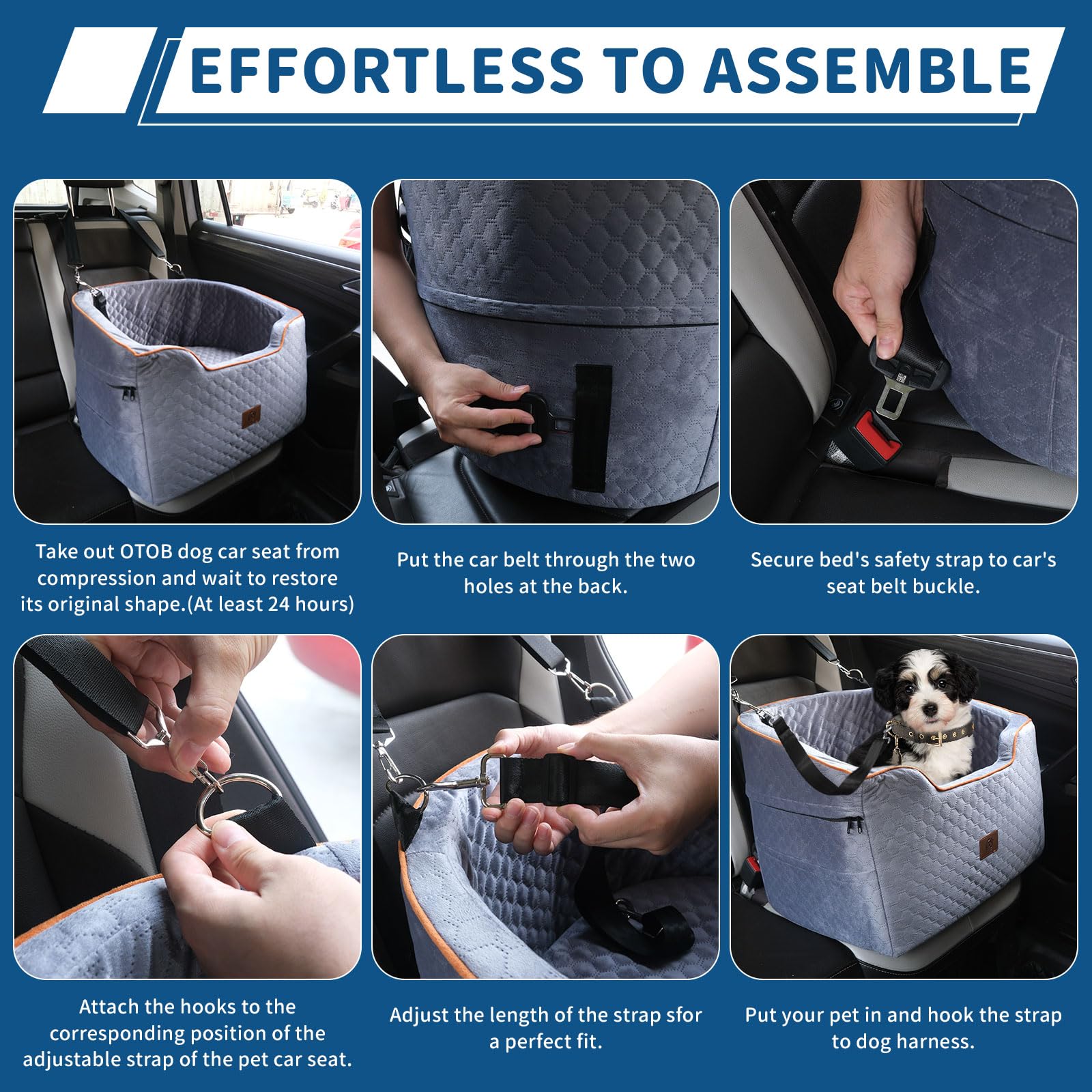 OTOB Dog Car Seat for Small & Medium Dogs Under 37lbs - Washable Memory Foam Pet Booster Seat with Storage Pockets & Safety Belts | Detachable Travel Bed for Car | Perfect for Road Trips & Daily Commutes