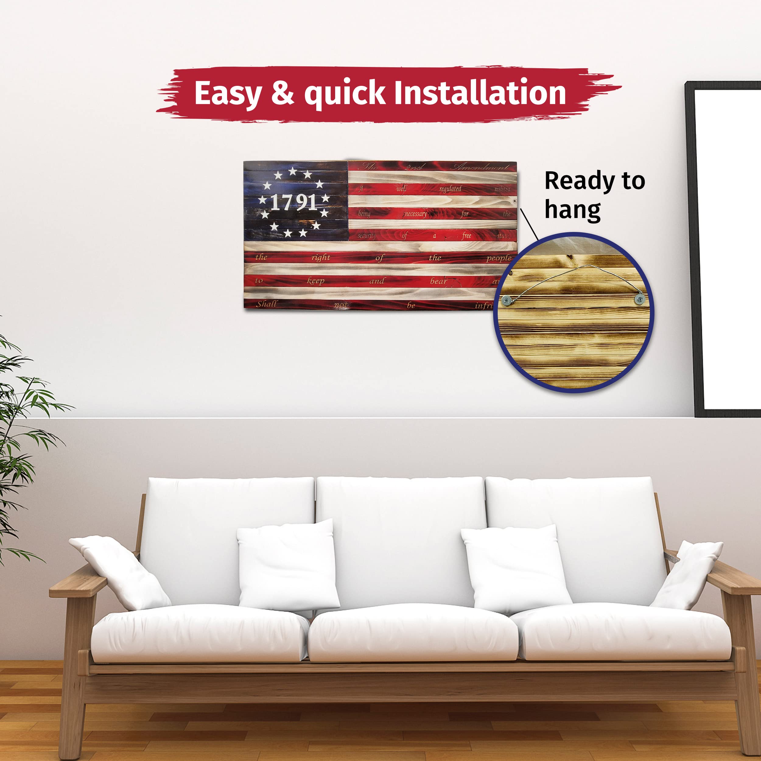 13 Stars 1791 Laser Etched 2nd Amendment American Flag - Handmade Wooden Wall Art for Home Decor, Independence Day & Patriotic Room Decor - Large 3Ft Indoor Flag Made in USA by Pioneer Pacific Flags - Perfect for Living Rooms, Offices & Man Caves