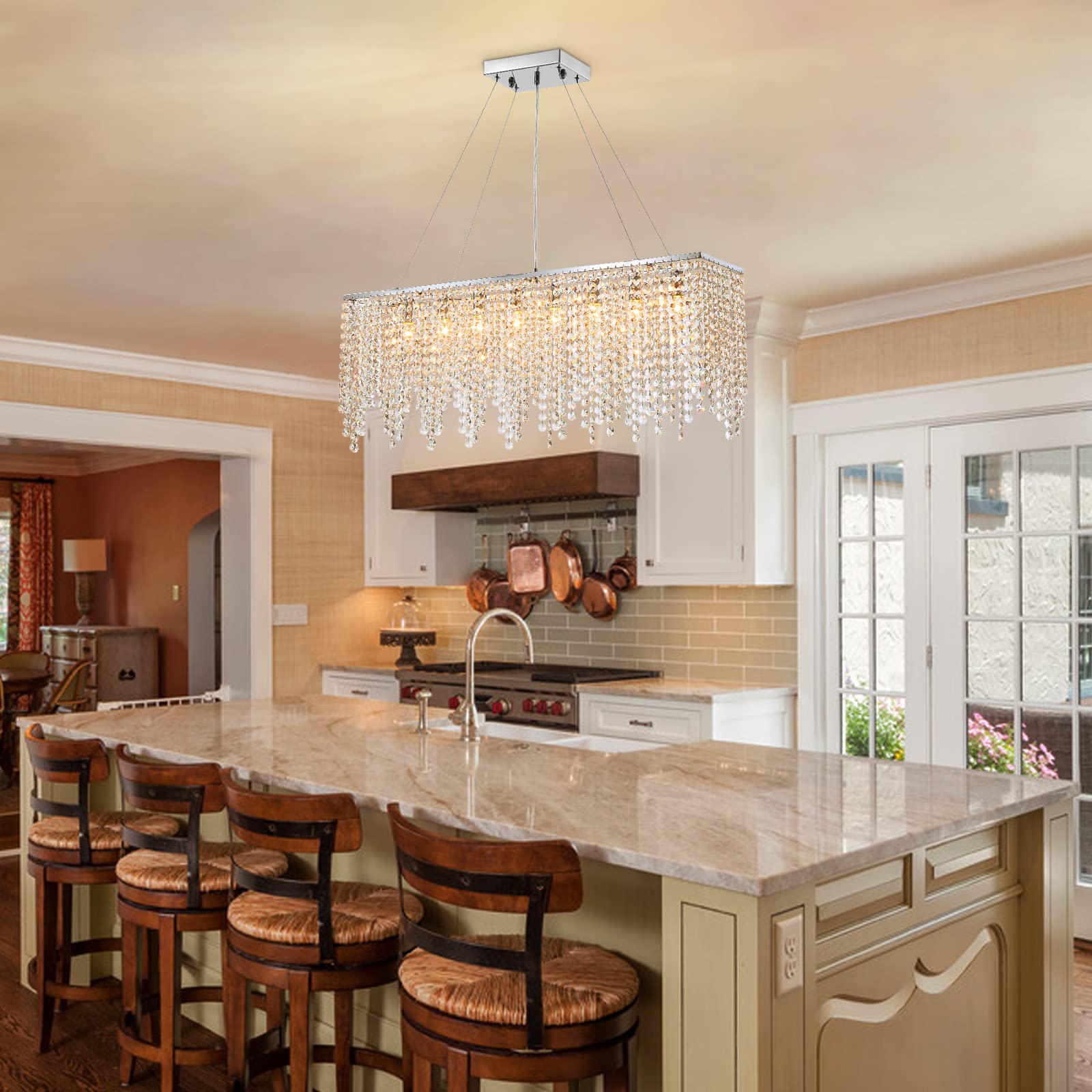 7PM 10-Light Rectangle Crystal Chandelier - Modern Linear Pendant Lighting for Dining Room & Kitchen Island (47