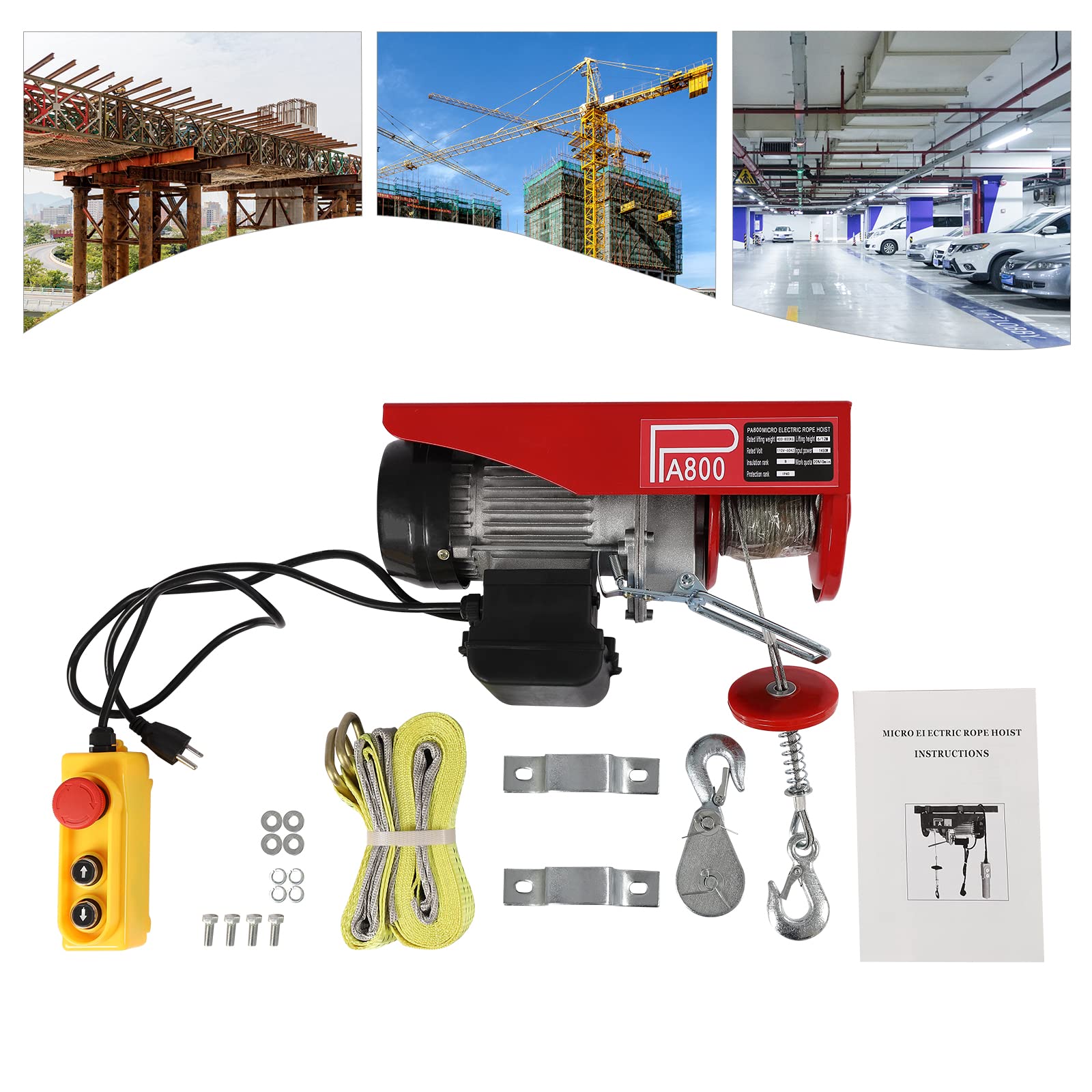 480W Electric Hoist Winch with Remote Control - 440lbs Lifting Capacity, 110V Heavy Duty Lift for Garage, Warehouse & Construction - Includes Single/Double Slings for Safe Material Handling