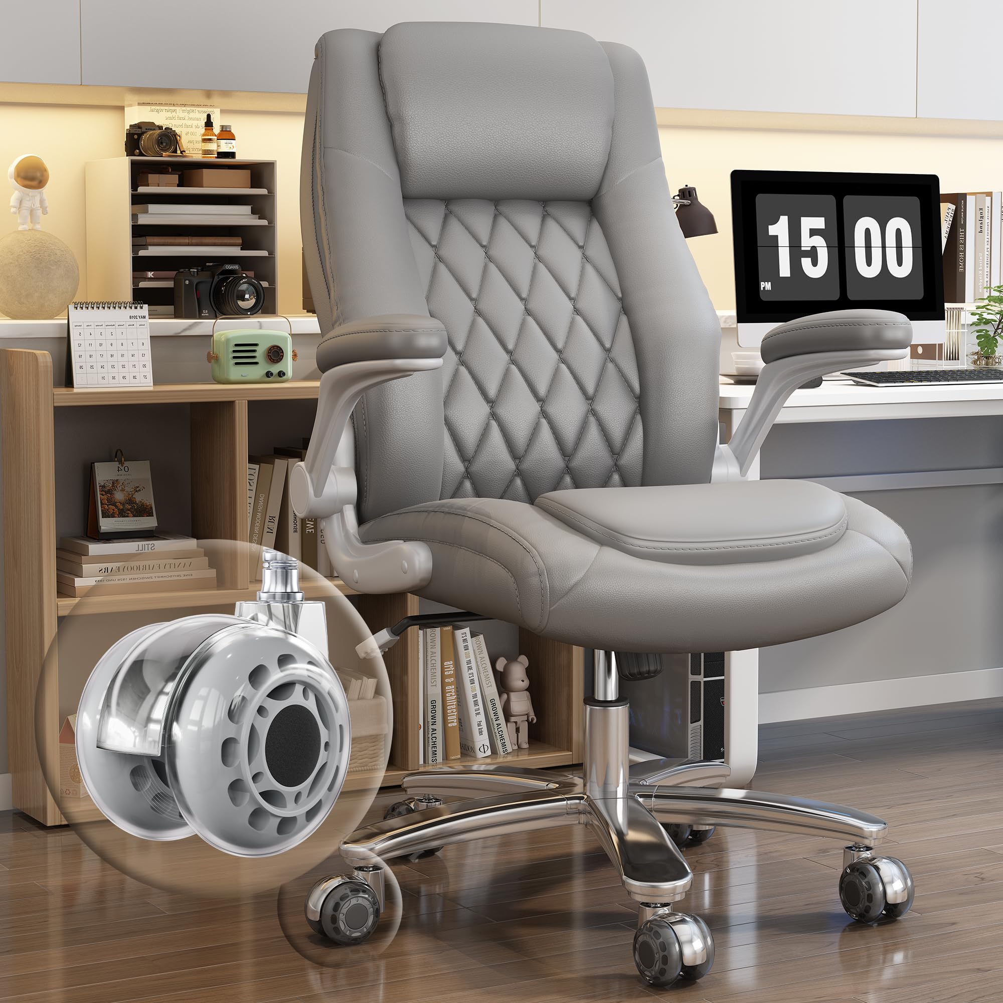 Premium High Back Executive Office Chair - Big & Tall Ergonomic Desk Chair with Lumbar Support, 400LB Weight Capacity, Flip-Up Armrests & Smooth-Rolling Rubber Wheels (Grey) - Ideal for Home Office, Corporate Workspaces & Gaming Setup