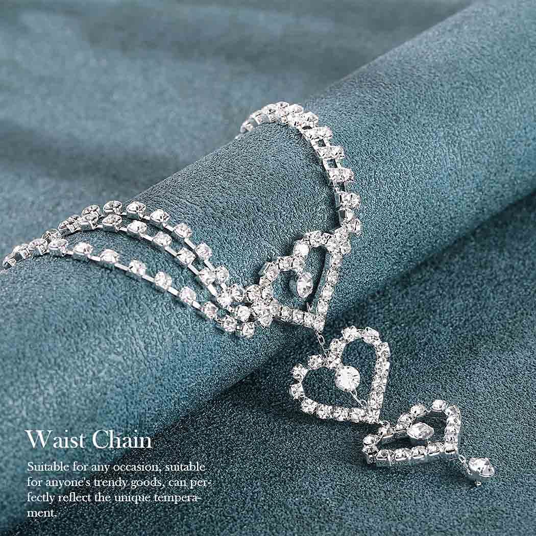 Sparkling Rhinestone Waist Chain - Layered Silver Belly Jewelry with Heart Charm for Women | Nightclub, Party, Festival & Beach Body Accessories | Perfect for Bachelorette, Rave & Special Occasions