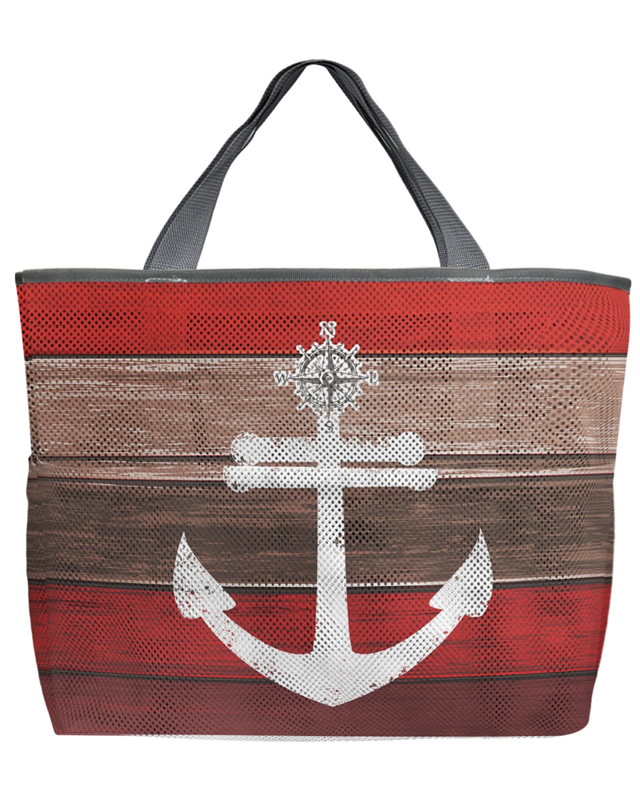 **Vintage Wood Grain Red Ombre Mesh Beach Tote Bag - 60L Oversized Nautical Anchor Design, Quick-Dry Swim Bag with Pockets, Foldable & Lightweight (24