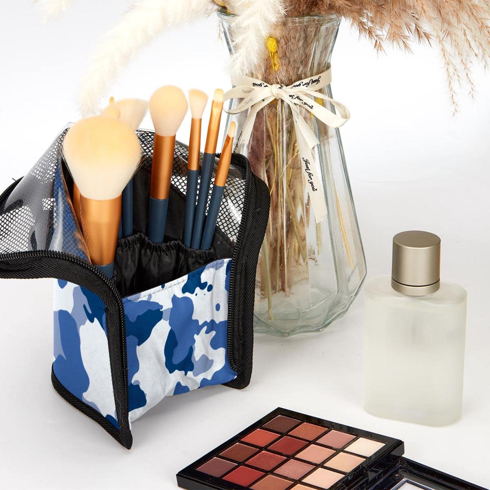 12-Piece Makeup Brush Organizer Bag with Holder Case - Sea Blue Camouflage Design | Portable Cosmetic Brush Storage for Travel & Home Use