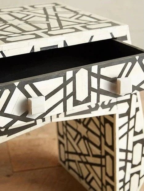 Handmade Bone Inlay Geometric Design Three Drawer Side Table - Black & White Accent Furniture for Living Room, Bedroom & Office Decor