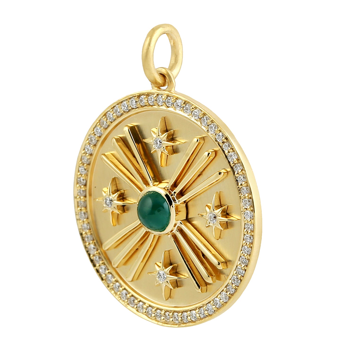 14K Yellow Gold Emerald and Diamond Pendant - Bezel Set with Pave Sun and Star Design | Perfect for Gifts, Anniversaries, and Special Occasions